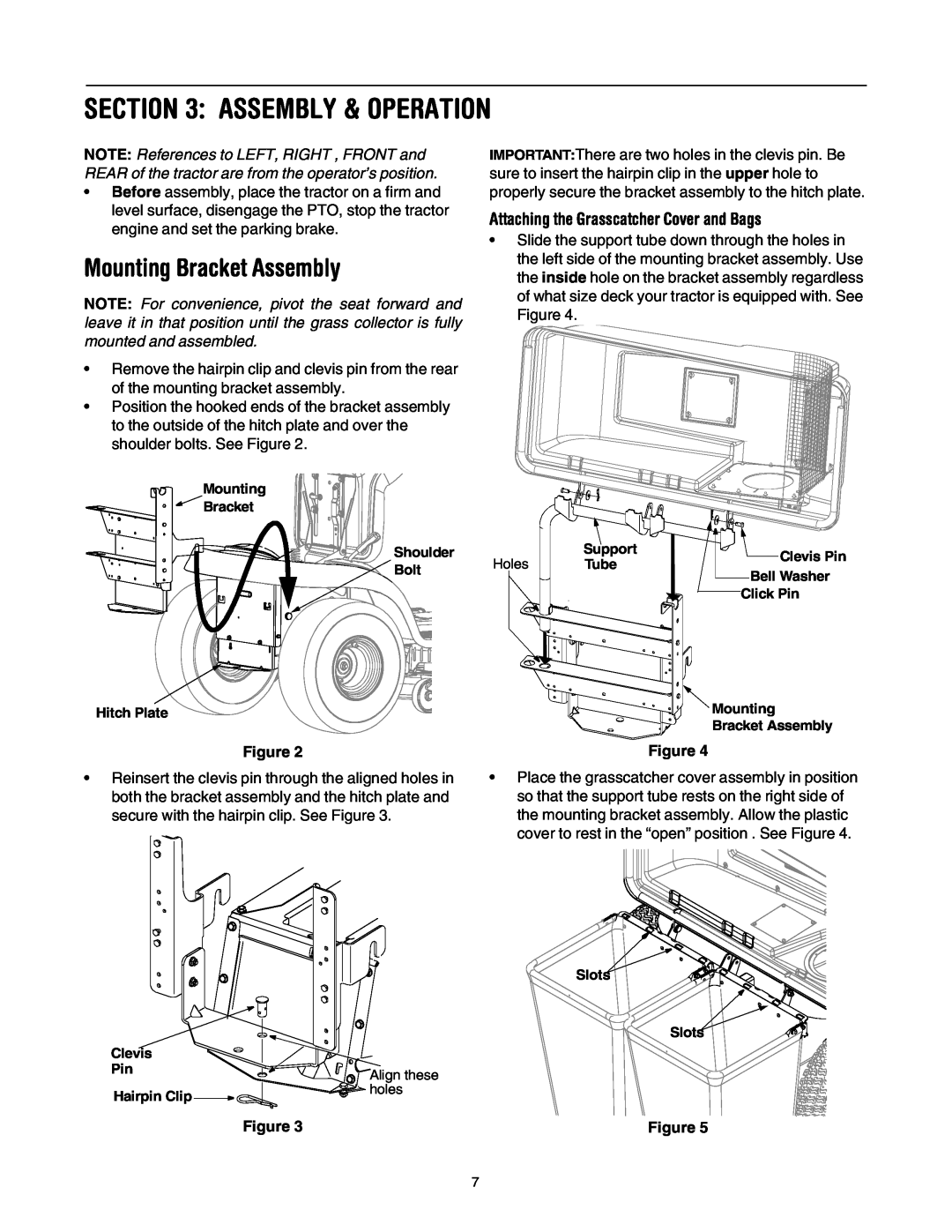 Cub Cadet 190-678-100 manual Assembly & Operation, Mounting Bracket Assembly, Attaching the Grasscatcher Cover and Bags 