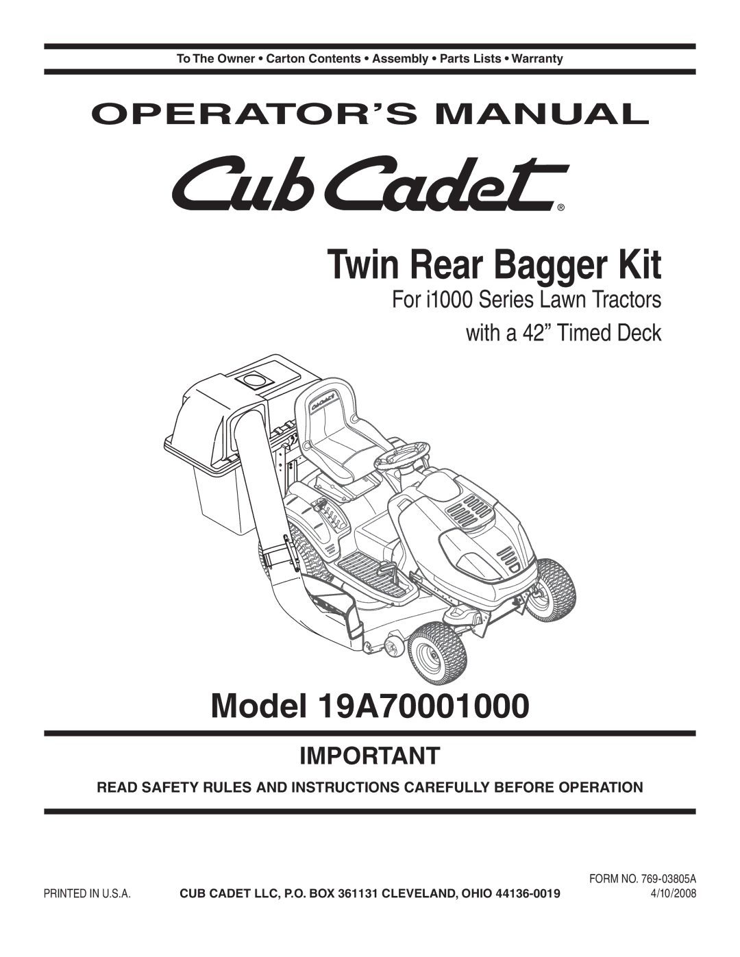 Cub Cadet 19A70001000 warranty Twin Rear Bagger Kit 