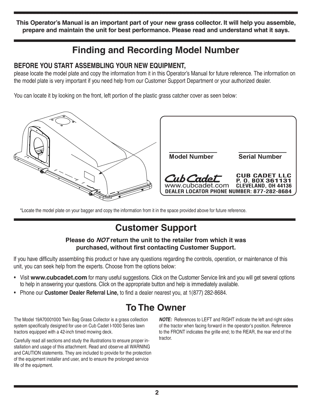 Cub Cadet 19A70001000 warranty Finding and Recording Model Number, Customer Support, To The Owner 