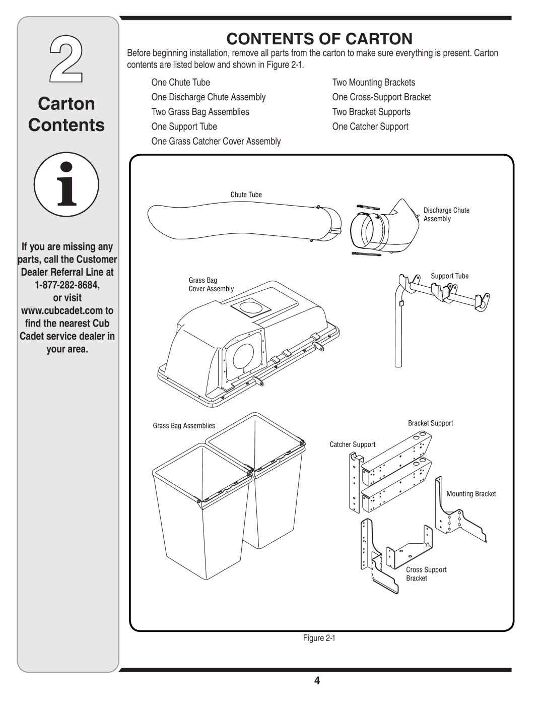 Cub Cadet 19A70001000 warranty Carton Contents 