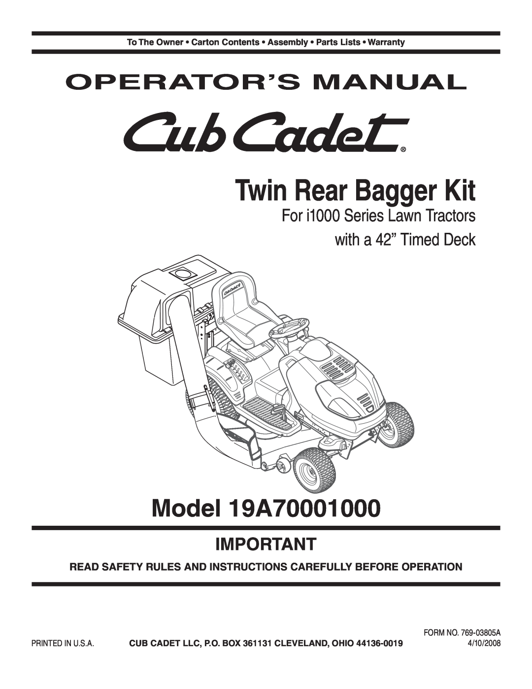 Cub Cadet 19A70001000 warranty For i1000 Series Lawn Tractors with a 42” Timed Deck, Twin Rear Bagger Kit 