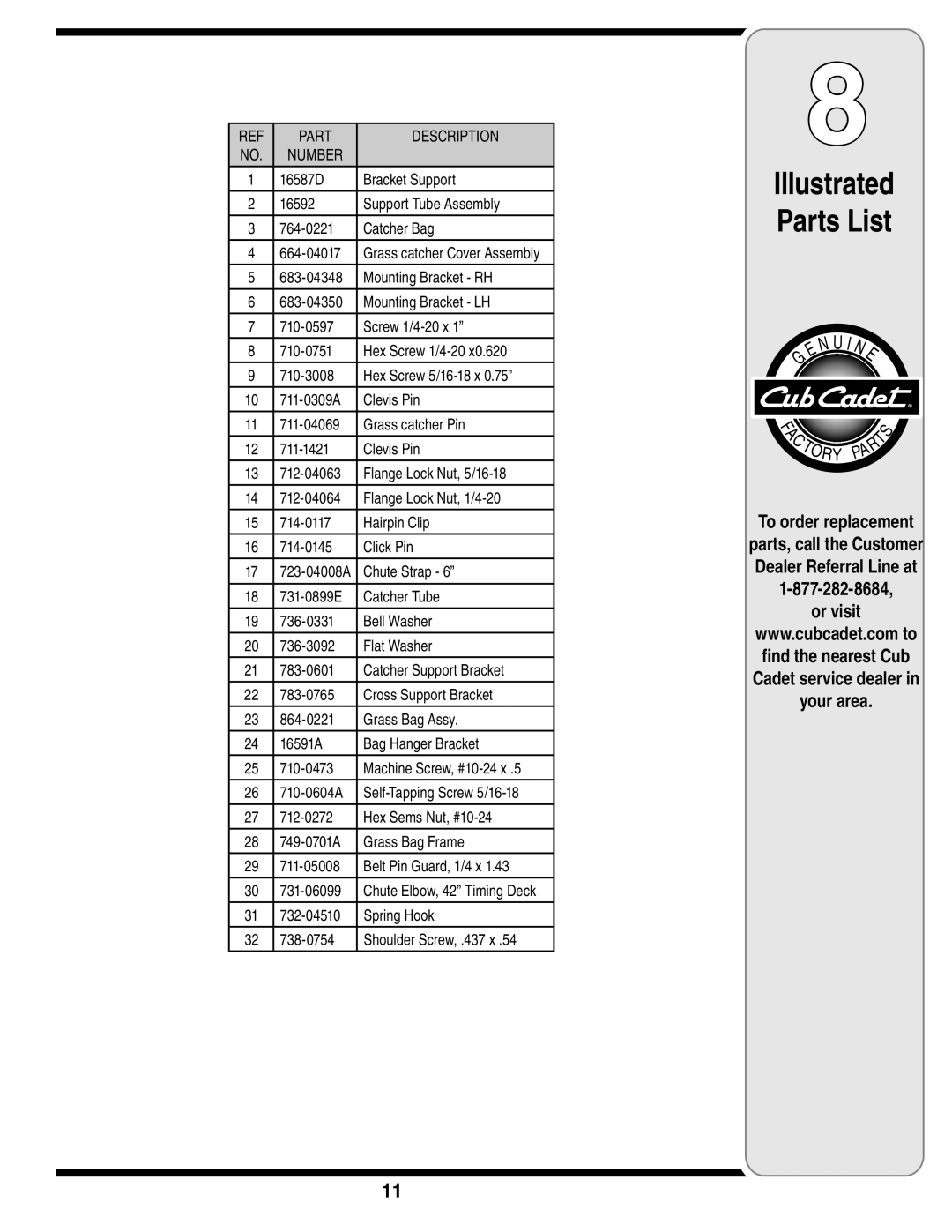 Cub Cadet 19A70001000 warranty Illustrated Parts List, To order replacement, or visit 