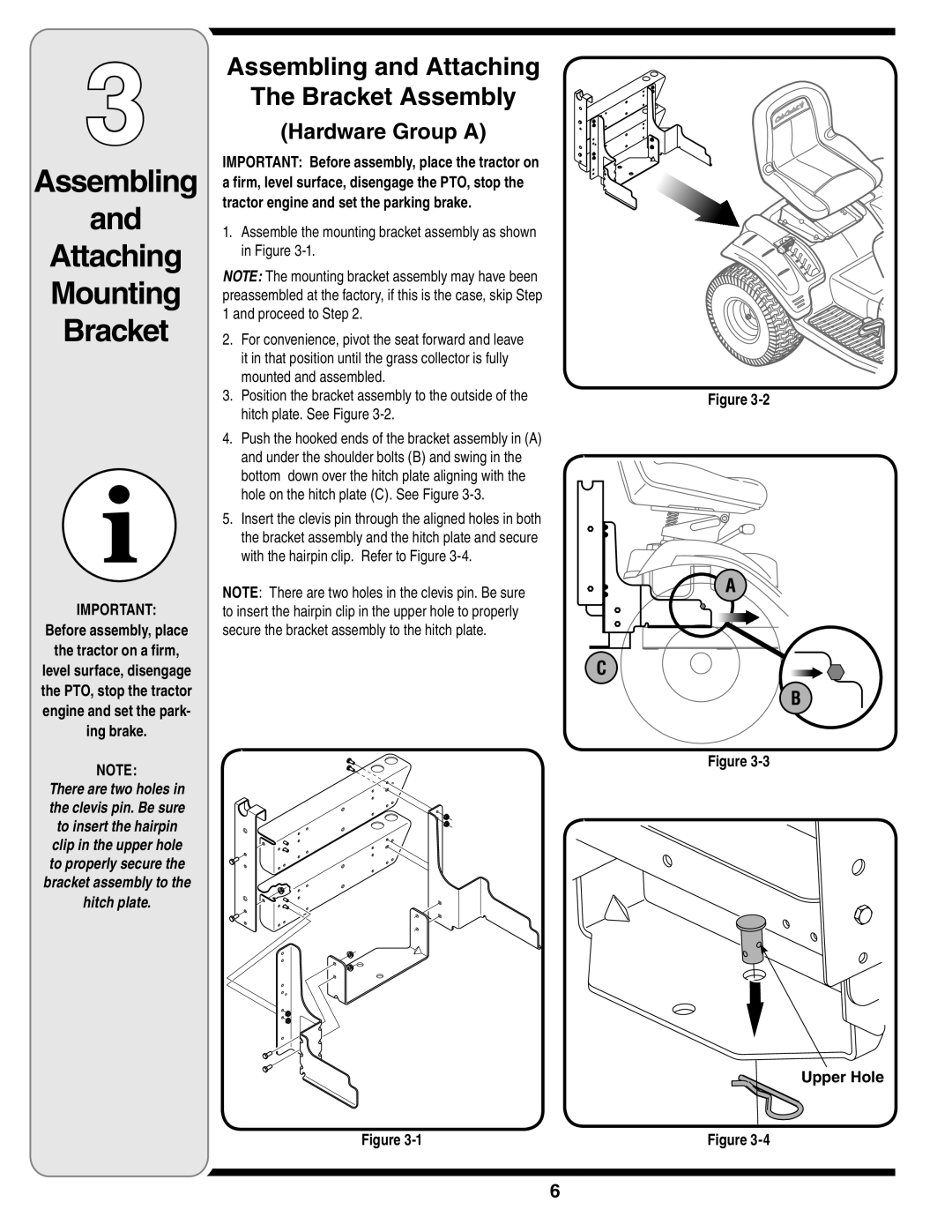 Cub Cadet 19A70001000 warranty Assembling and Attaching Mounting Bracket, Hardware Group A, A C B, Upper Hole 