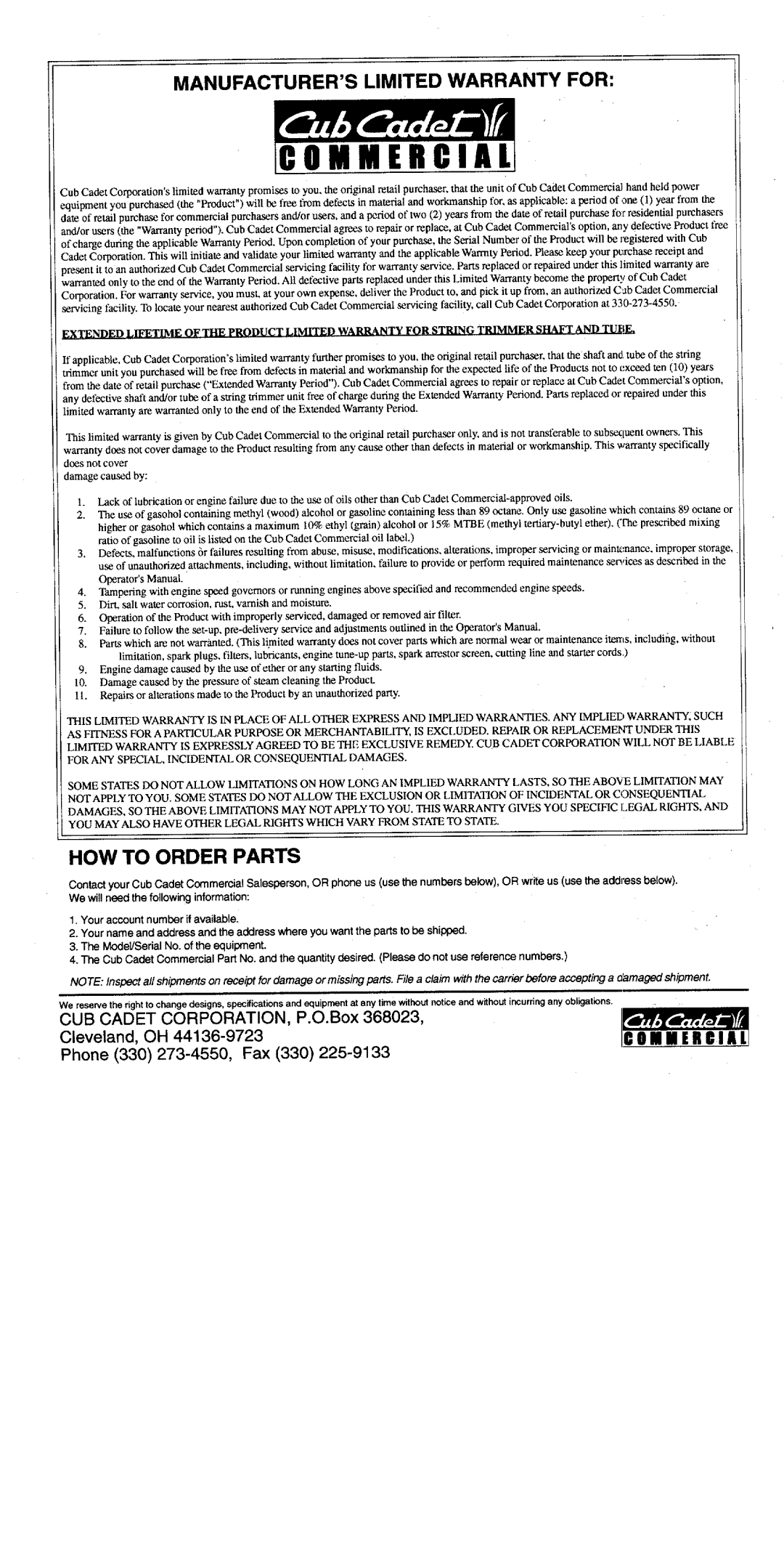 Cub Cadet 19EHC manual 