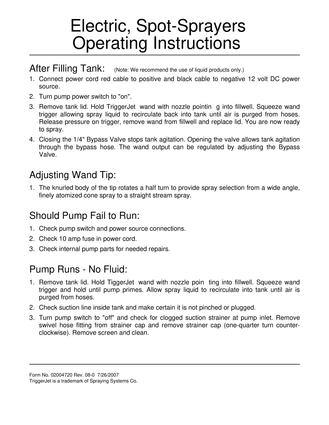 Cub Cadet 2004701 manual Electric, Spot-Sprayers Operating Instructions, Adjusting Wand Tip, Should Pump Fail to Run 