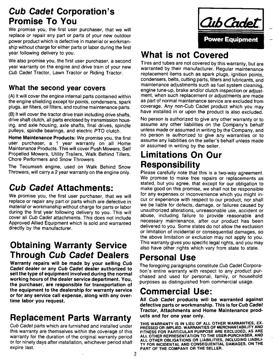 Cub Cadet 2072, 1872 manual 