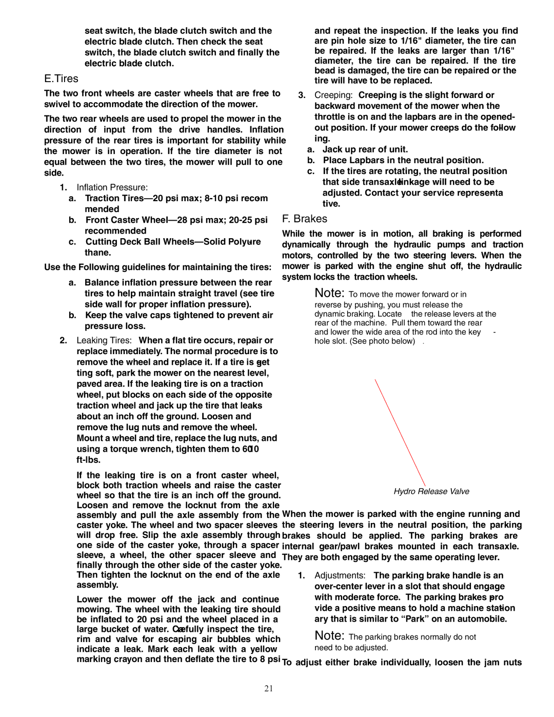 Cub Cadet 20HP Enforcer 44, 22HP Enforcer 48, 23HP Enforcer 54, 44, 48, 54 service manual Tires, Brakes, Inflation Pressure 