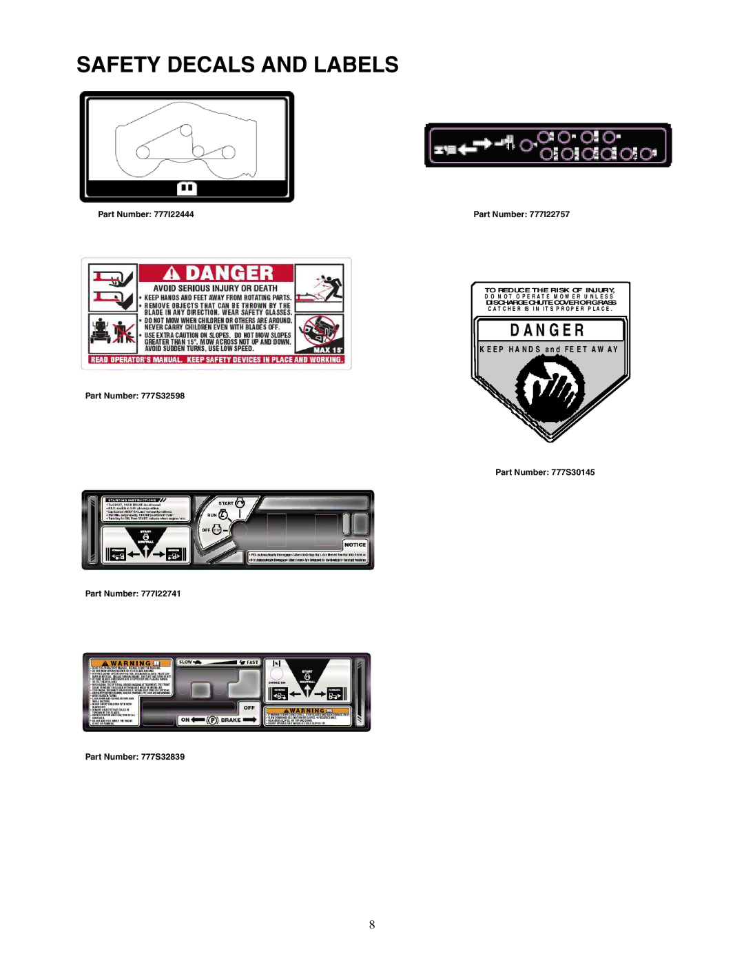 Cub Cadet 44, 48, 54 service manual Safety Decals and Labels, Part Number Part Number 777S32598 Part Number 777S32839 