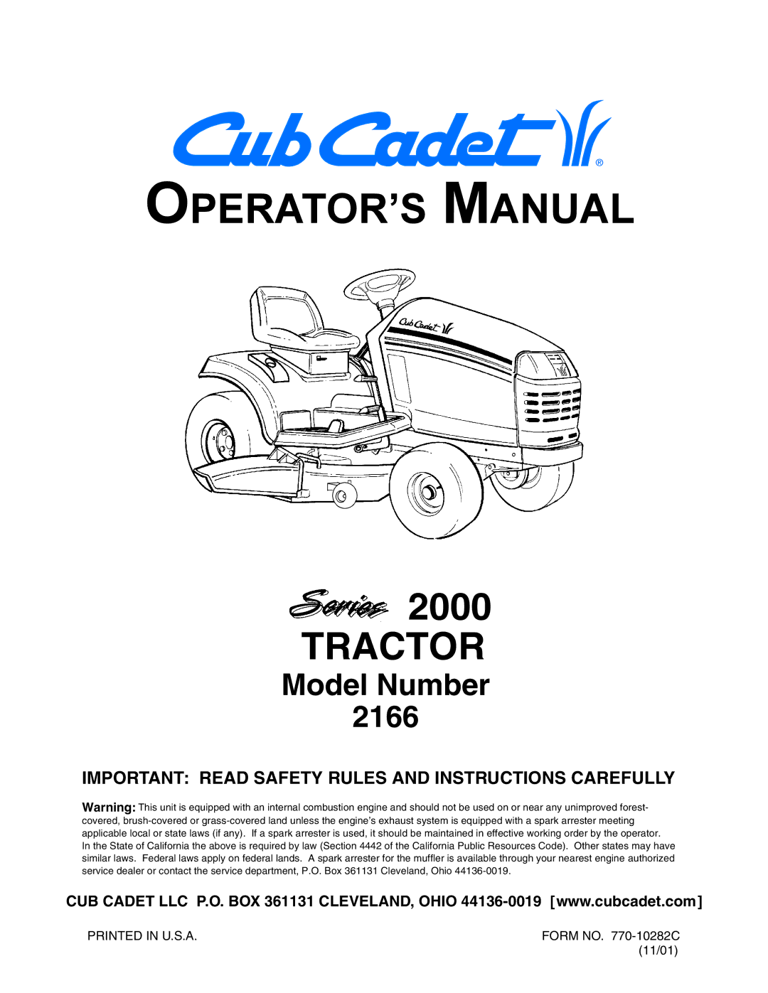 Cub Cadet 2166 manual OPERATOR’S Manual, Important Read Safety Rules and Instructions Carefully 