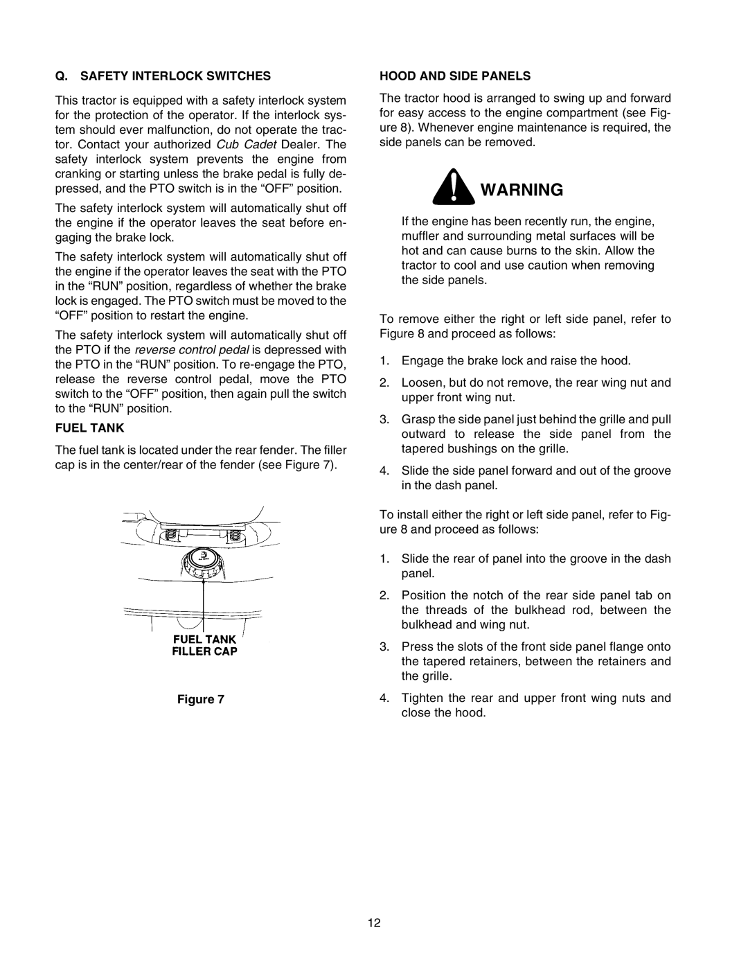 Cub Cadet 2166 manual Safety Interlock Switches, Fuel Tank, Hood and Side Panels 