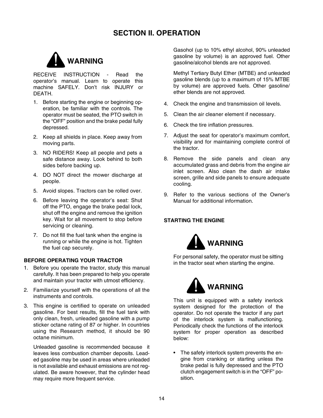 Cub Cadet 2166 manual Section II. Operation, Before Operating Your Tractor, Starting the Engine 