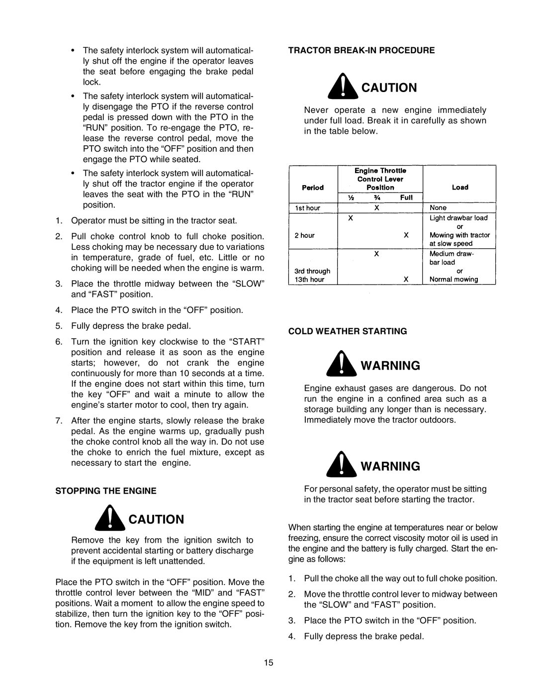 Cub Cadet 2166 manual Stopping the Engine, Tractor BREAK-IN Procedure, Cold Weather Starting 