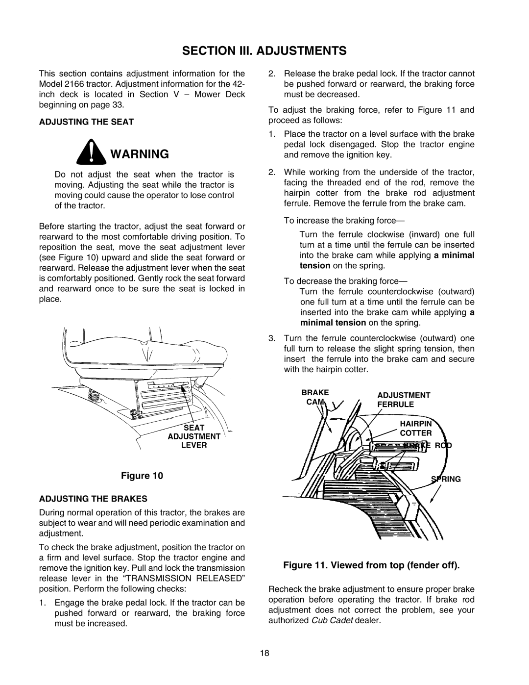 Cub Cadet 2166 manual Section III. Adjustments, Adjusting the Seat, Adjusting the Brakes 