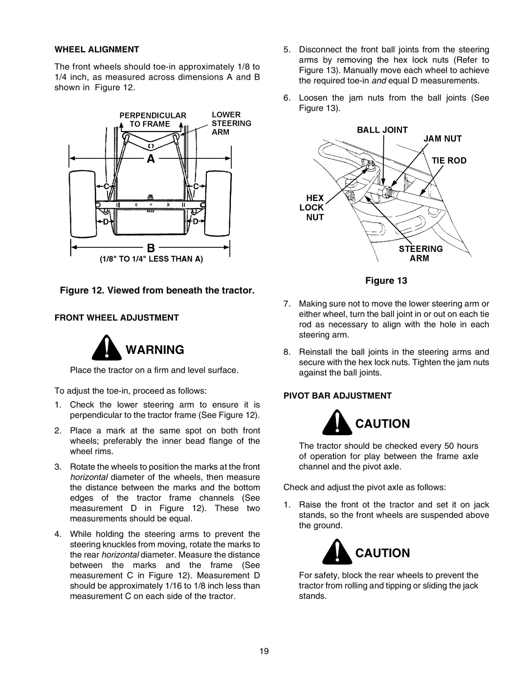 Cub Cadet 2166 manual Wheel Alignment, Front Wheel Adjustment, Pivot BAR Adjustment 