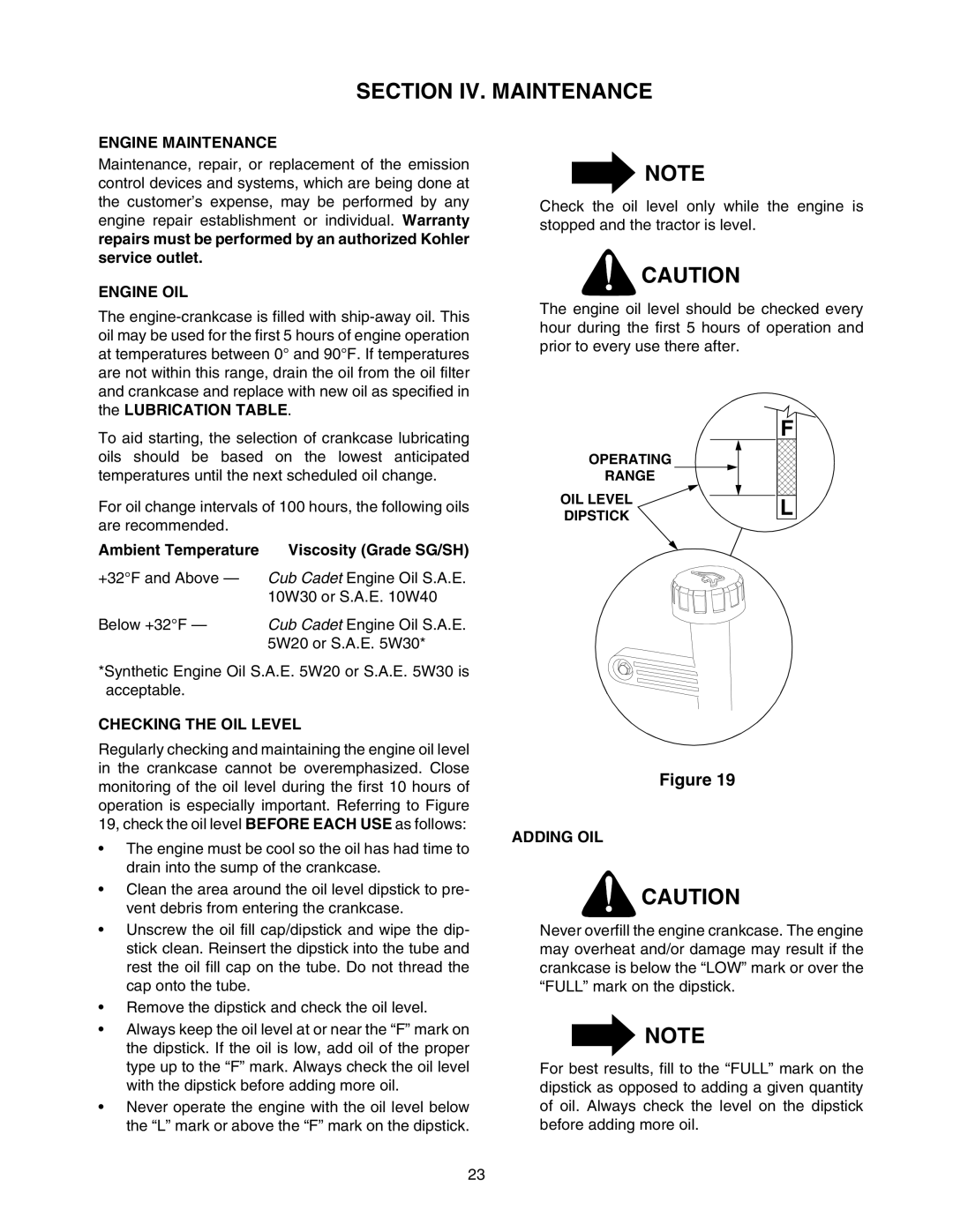 Cub Cadet 2166 manual Section IV. Maintenance, Engine Maintenance, Engine OIL, Checking the OIL Level, Adding OIL 