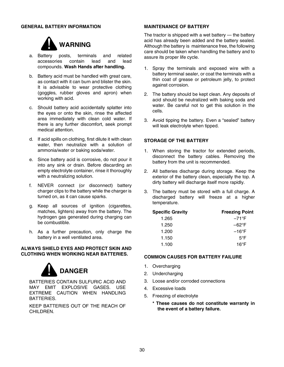 Cub Cadet 2166 manual General Battery Information, Maintenance of Battery, Storage of the Battery, Specific Gravity 