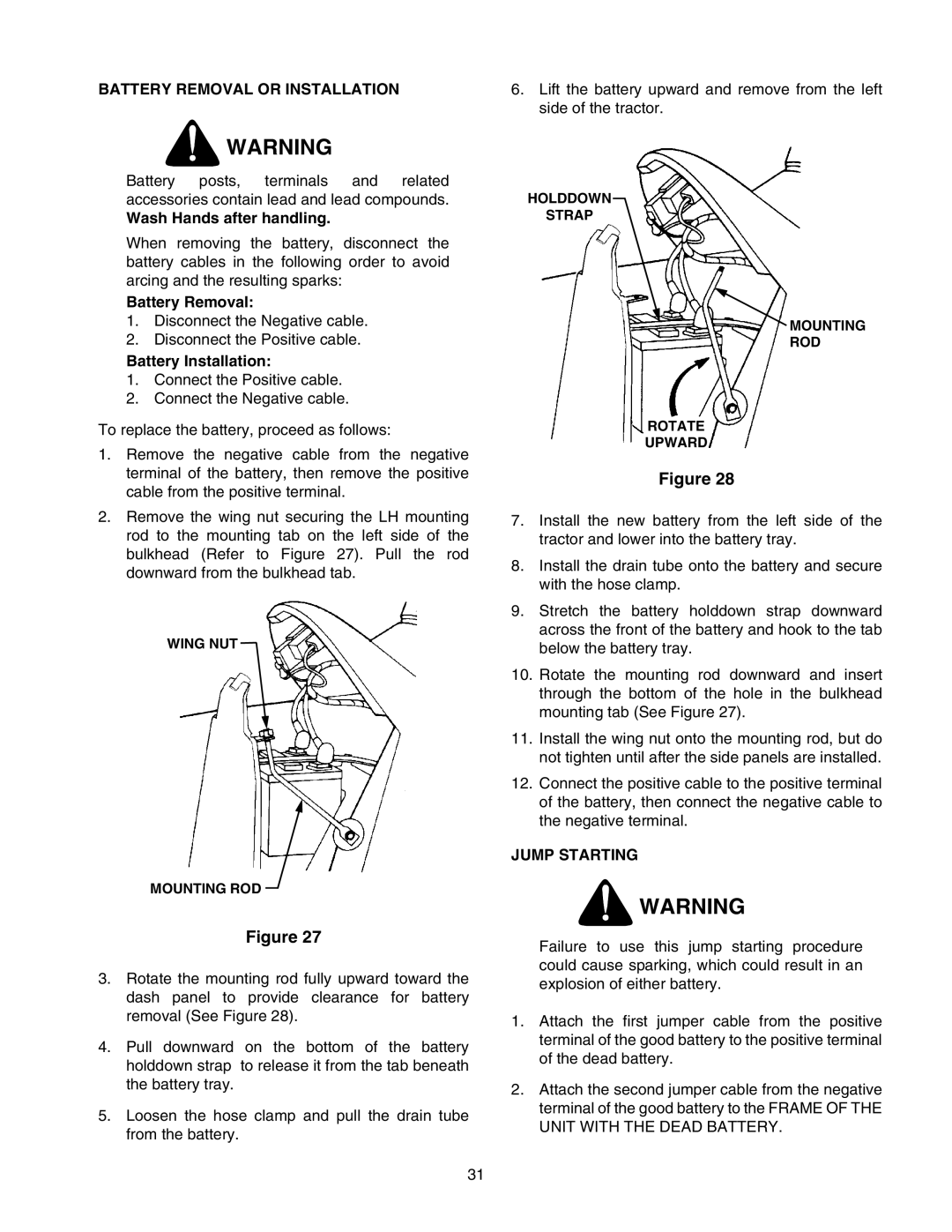 Cub Cadet 2166 manual Battery Removal or Installation, Wash Hands after handling, Battery Installation, Jump Starting 