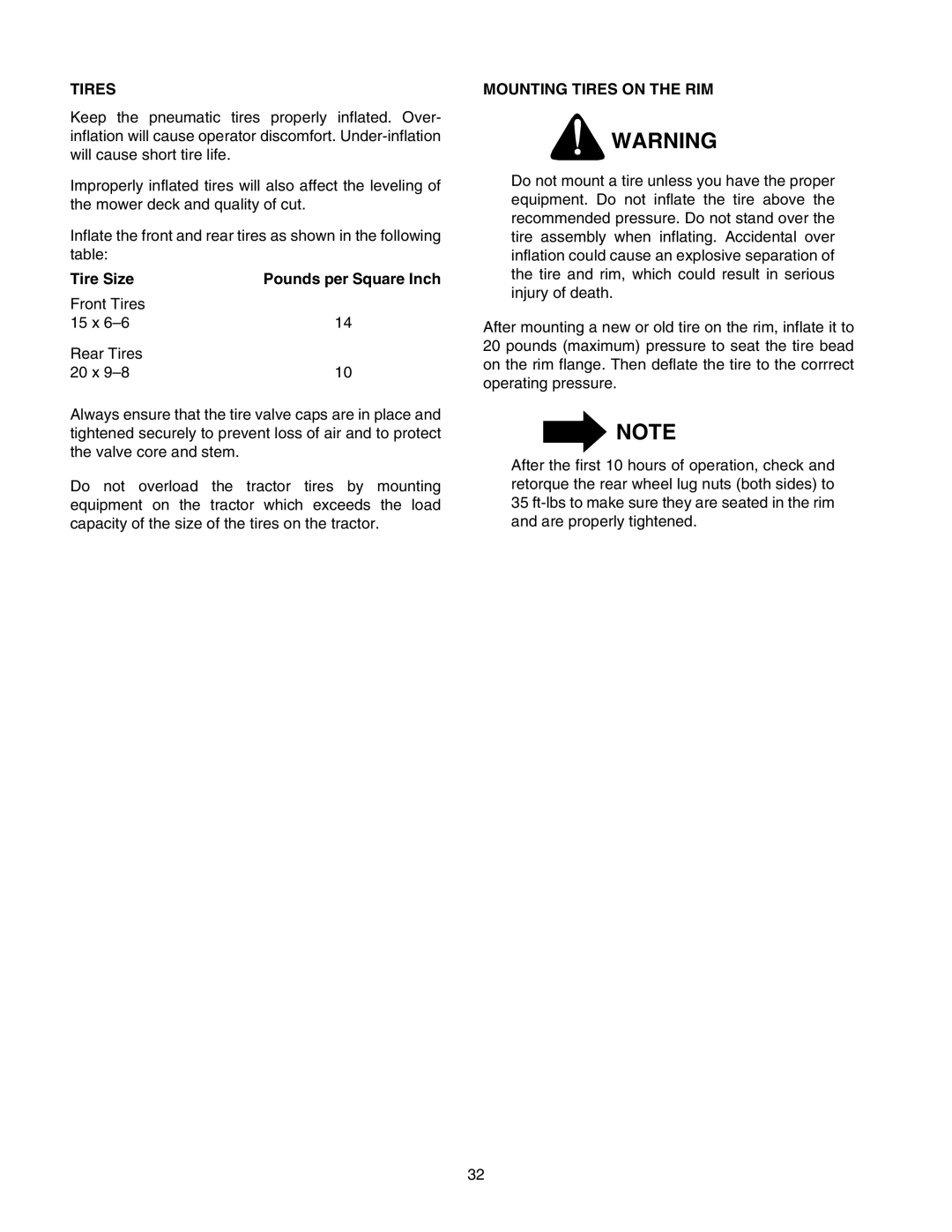 Cub Cadet 2166 manual Tire Size Pounds per Square Inch, Mounting Tires on the RIM 
