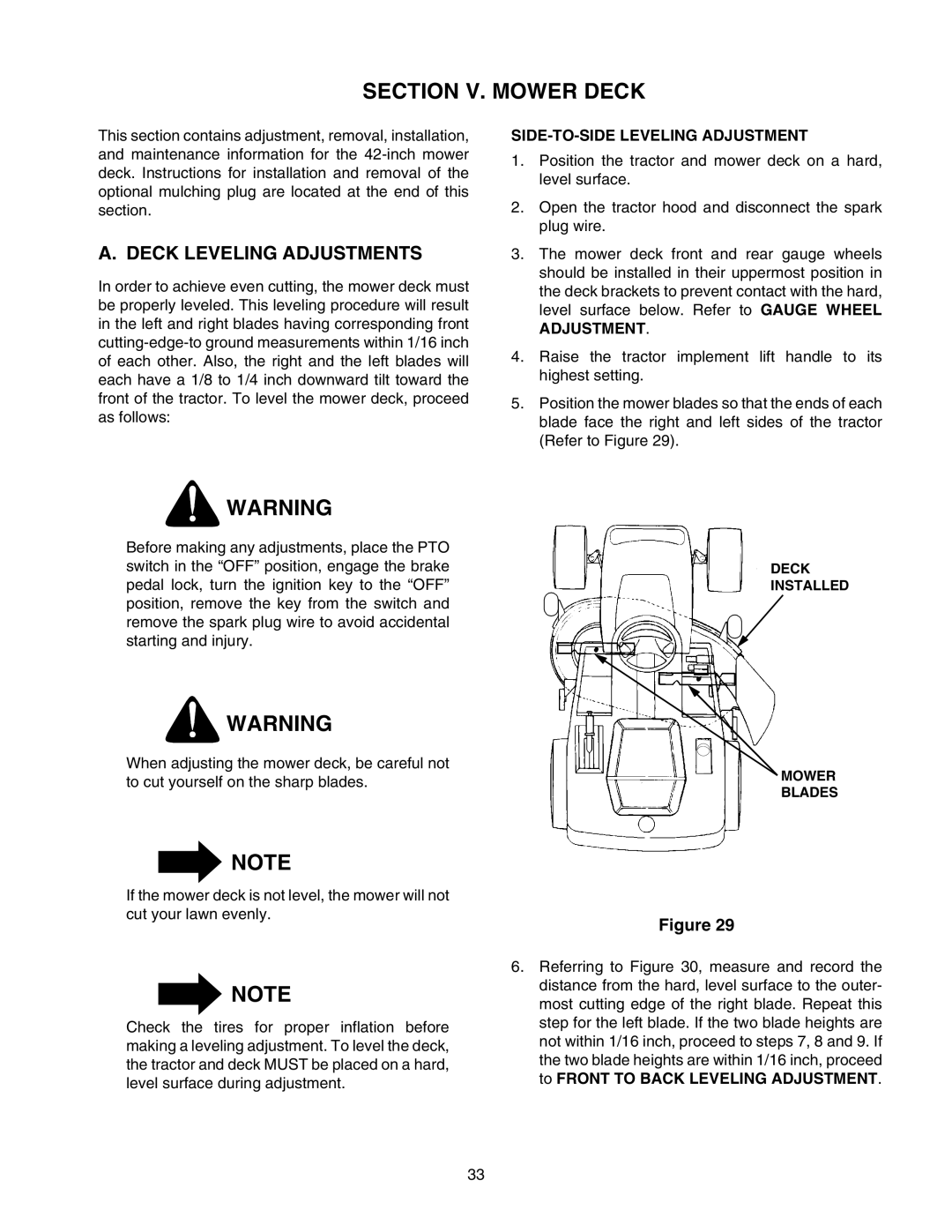 Cub Cadet 2166 manual Section V. Mower Deck, SIDE-TO-SIDE Leveling Adjustment 