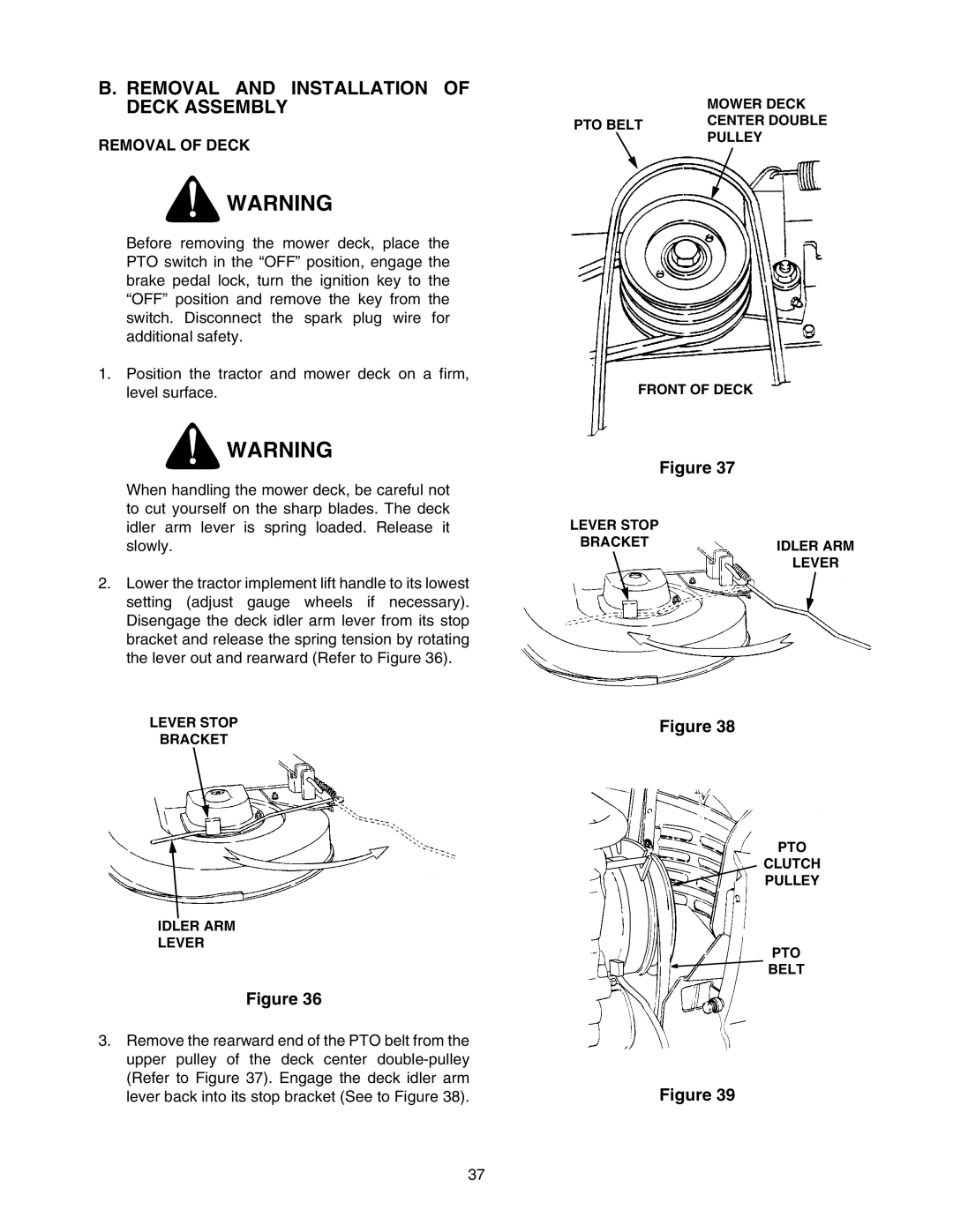 Cub Cadet 2166 manual Removal and Installation of Deck Assembly, Removal of Deck 