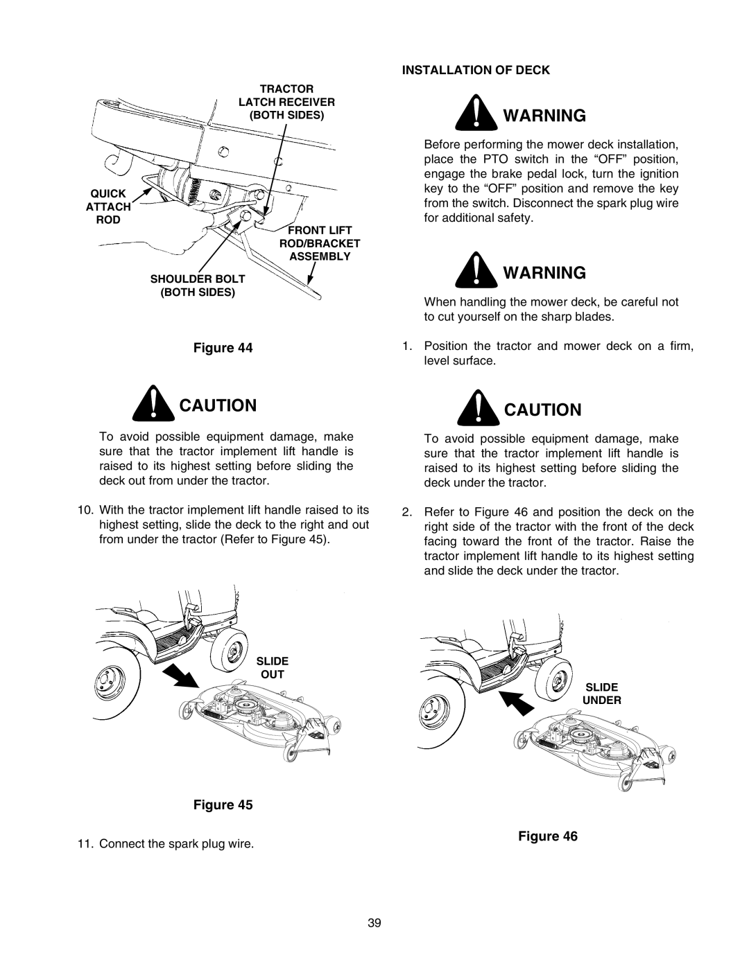 Cub Cadet 2166 manual Installation of Deck 