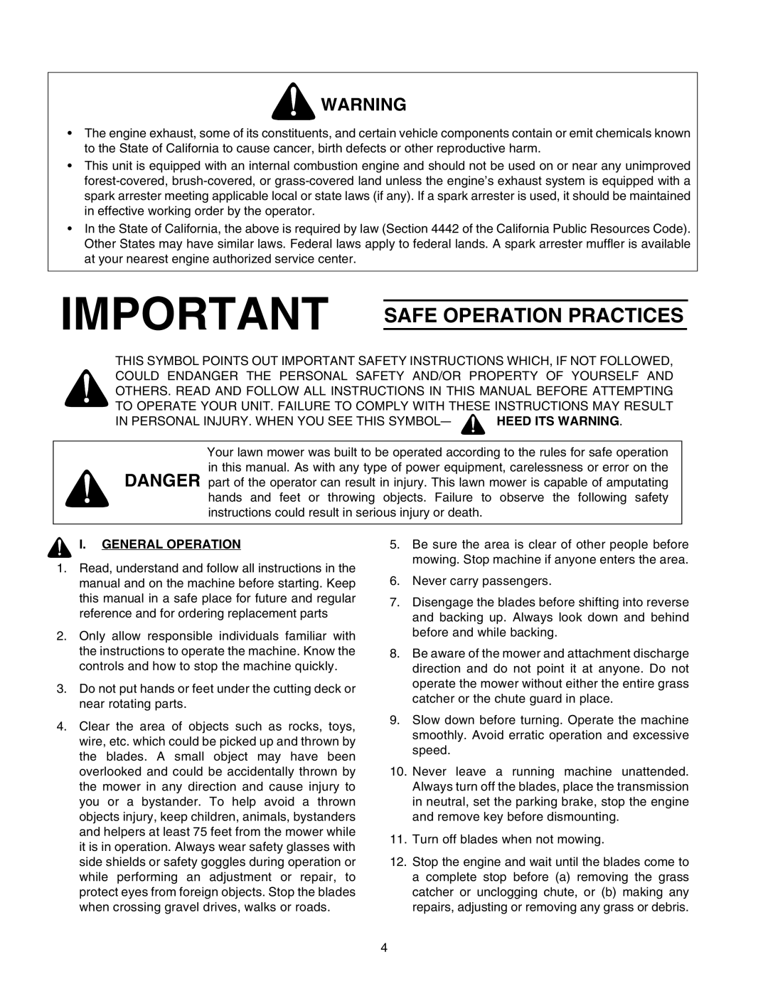 Cub Cadet 2166 manual Safe Operation Practices, General Operation 