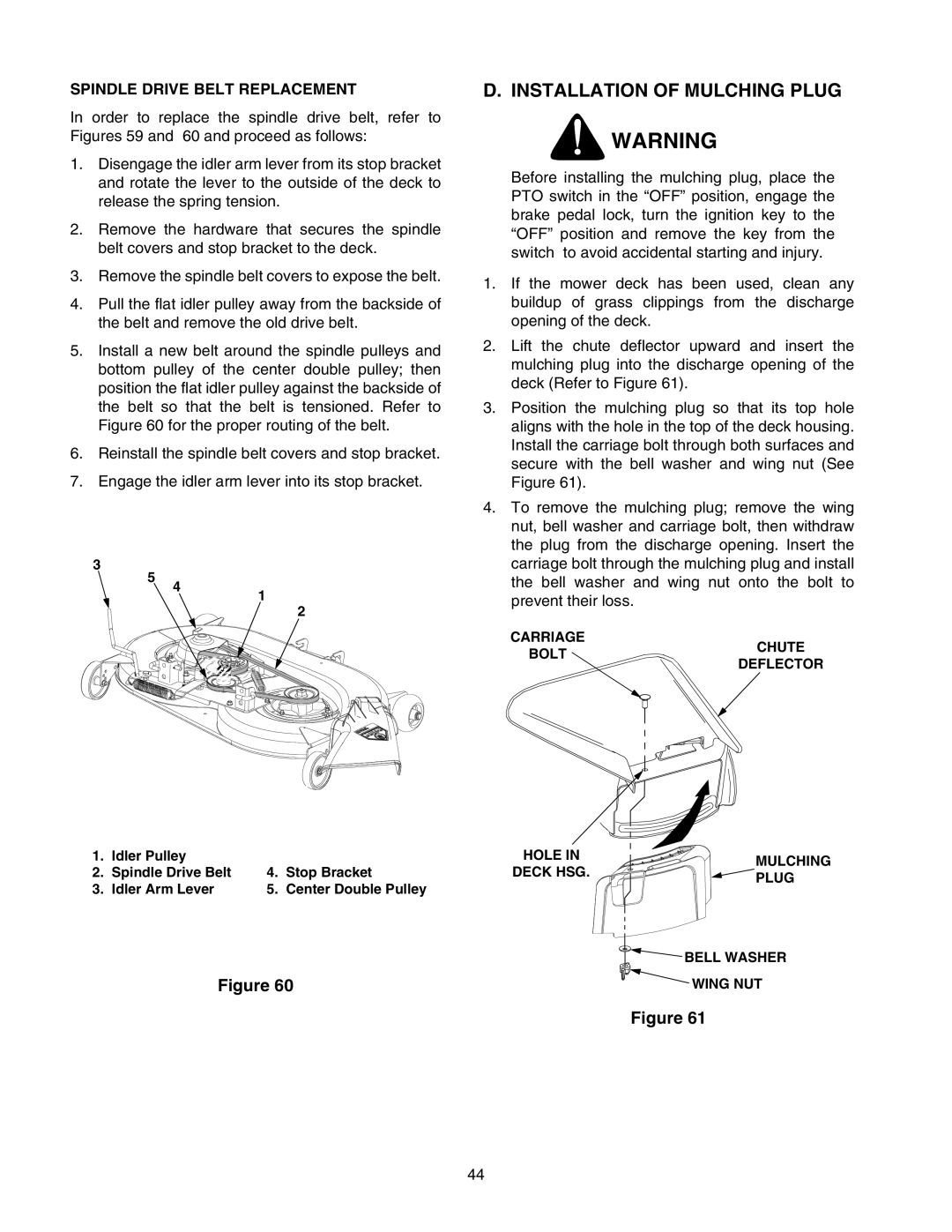 Cub Cadet 2166 manual Installation of Mulching Plug, Spindle Drive Belt Replacement 