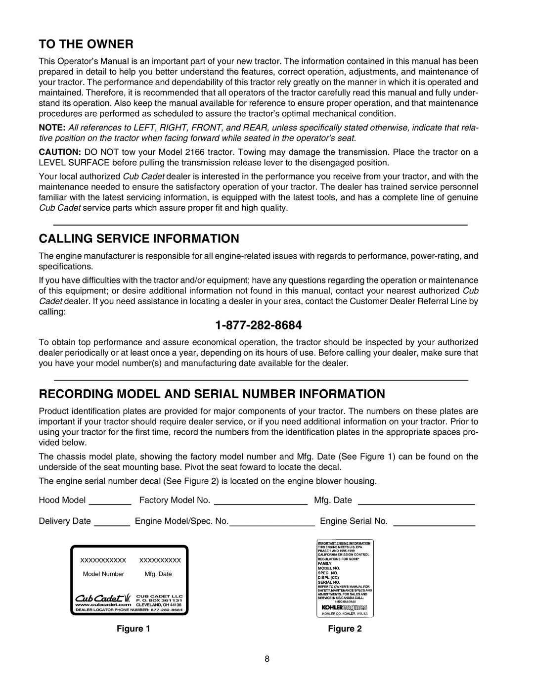 Cub Cadet 2166 manual To the Owner, Calling Service Information, Recording Model and Serial Number Information 