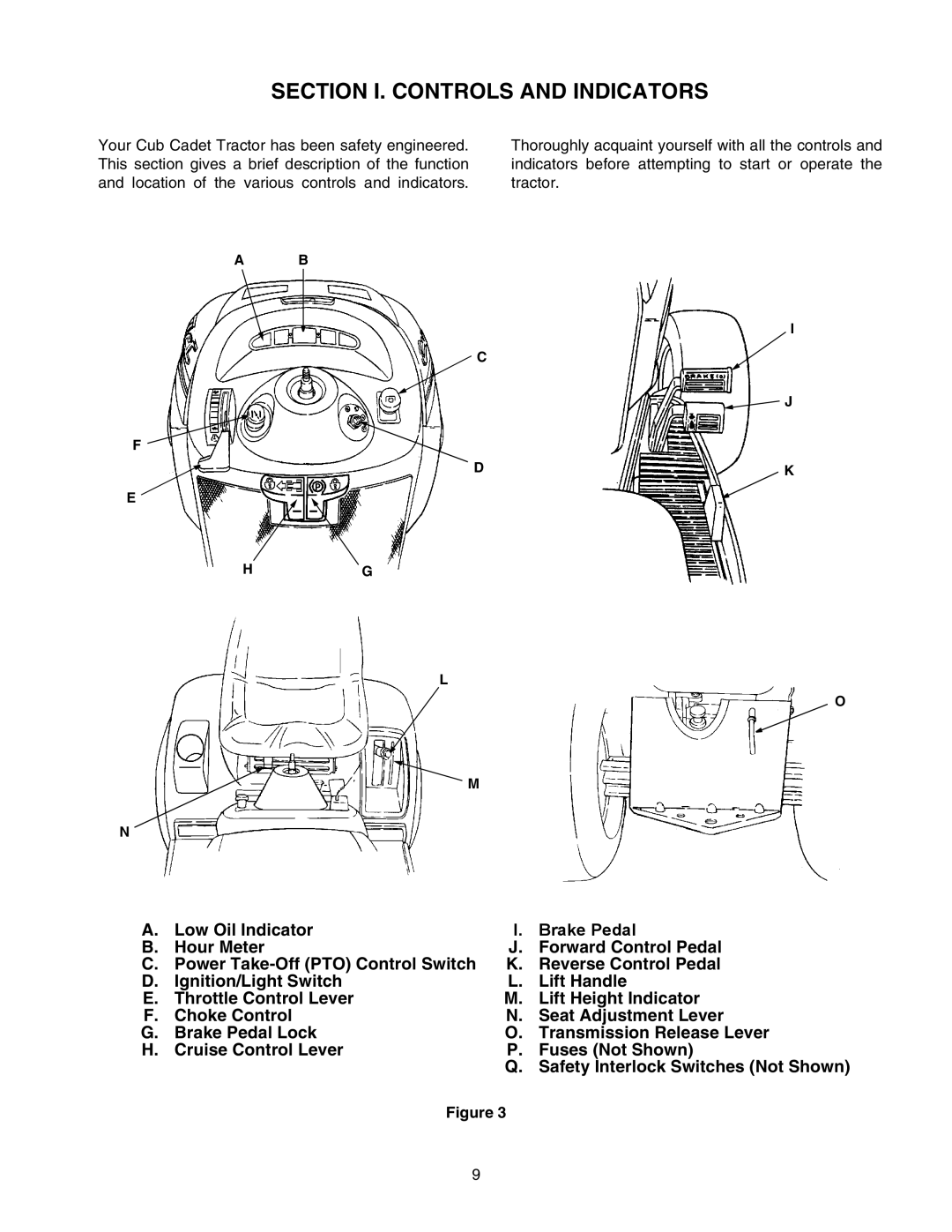 Cub Cadet 2166 manual Section I. Controls and Indicators, Safety Interlock Switches Not Shown 