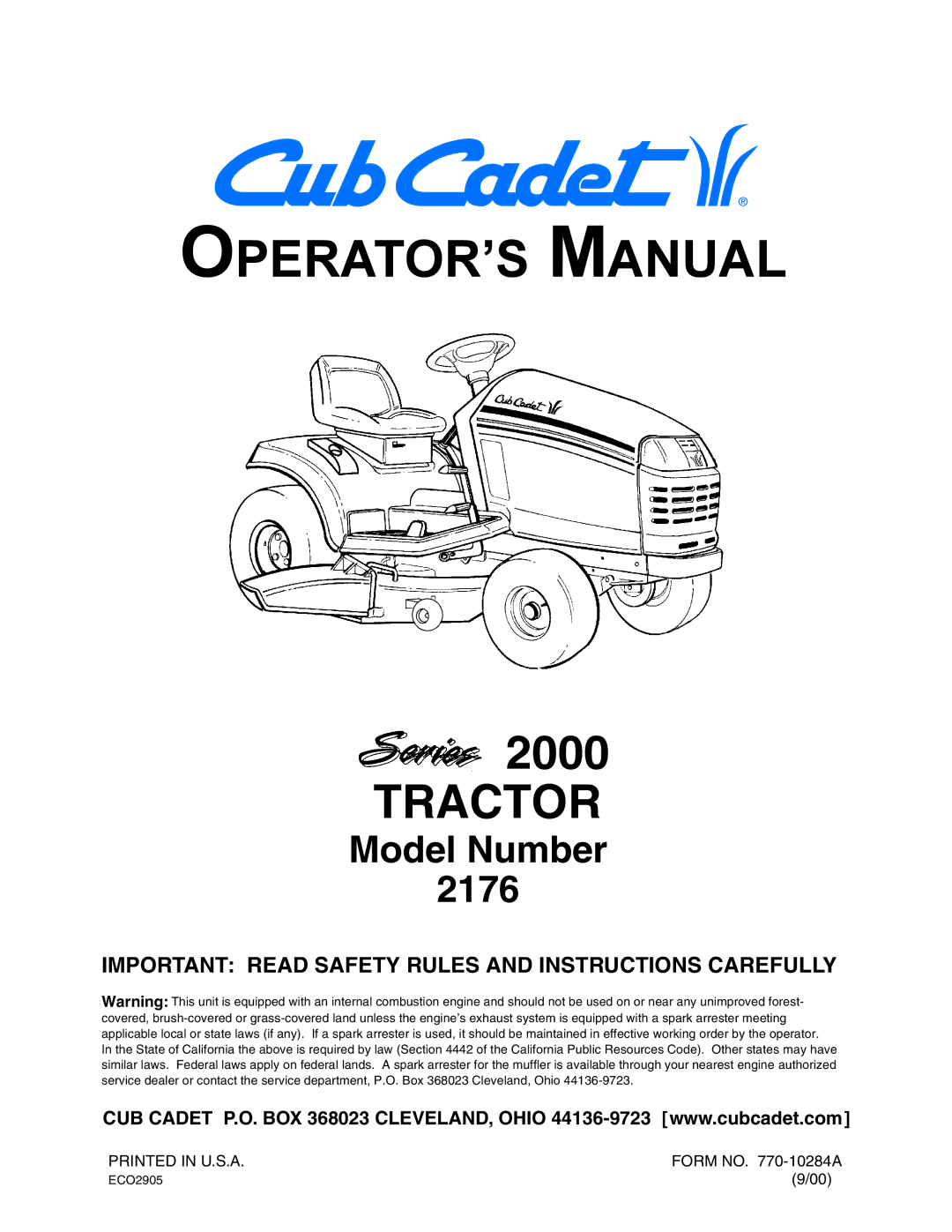 Cub Cadet 2176 manual OPERATOR’S Manual, Important Read Safety Rules and Instructions Carefully 