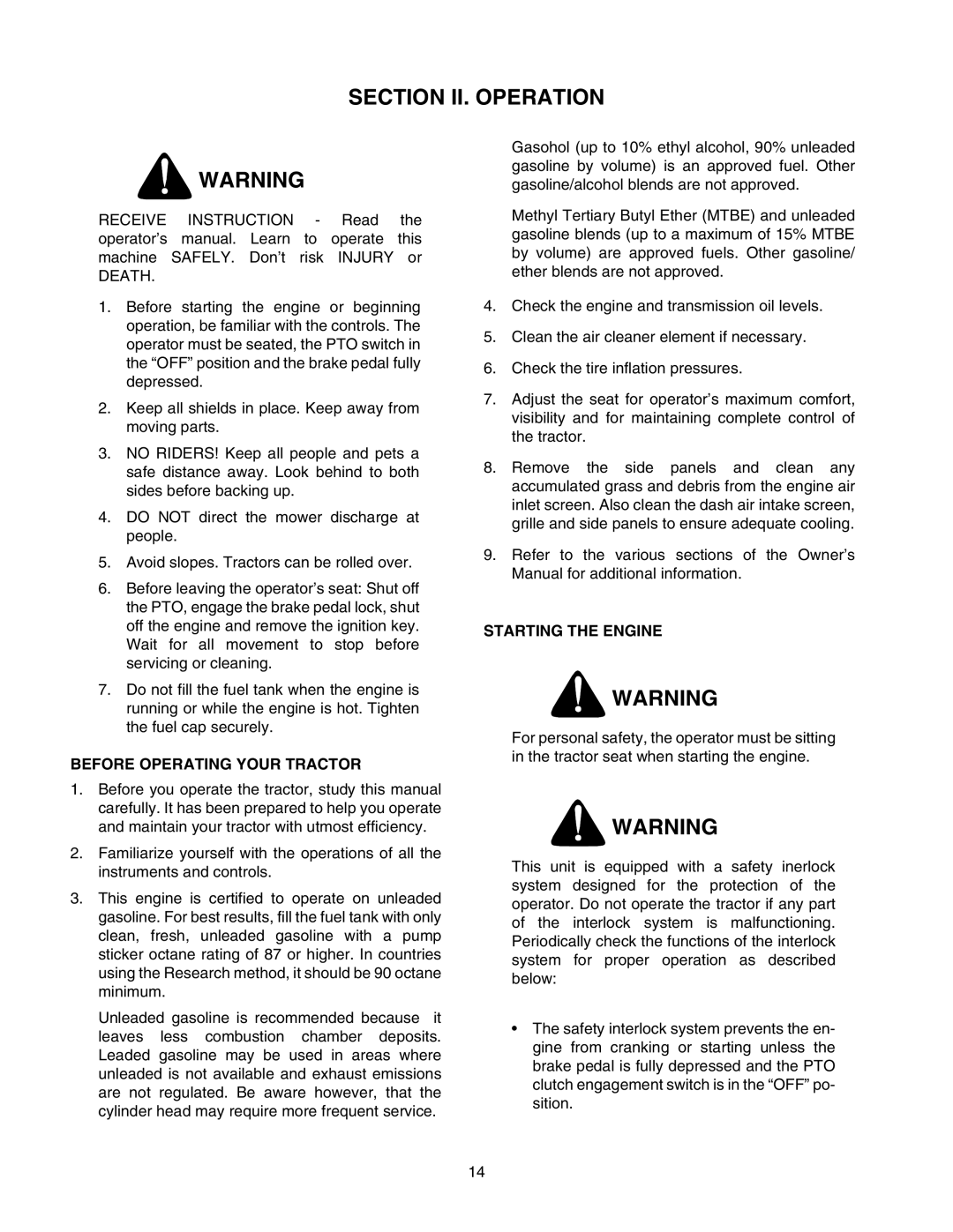 Cub Cadet 2176 manual Section II. Operation, Before Operating Your Tractor, Starting the Engine 