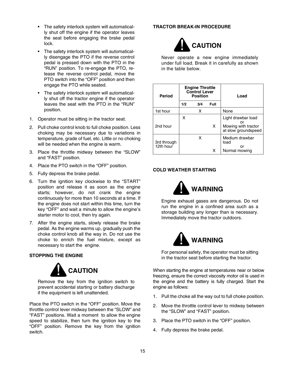 Cub Cadet 2176 manual Stopping the Engine, Tractor BREAK-IN Procedure, Cold Weather Starting 