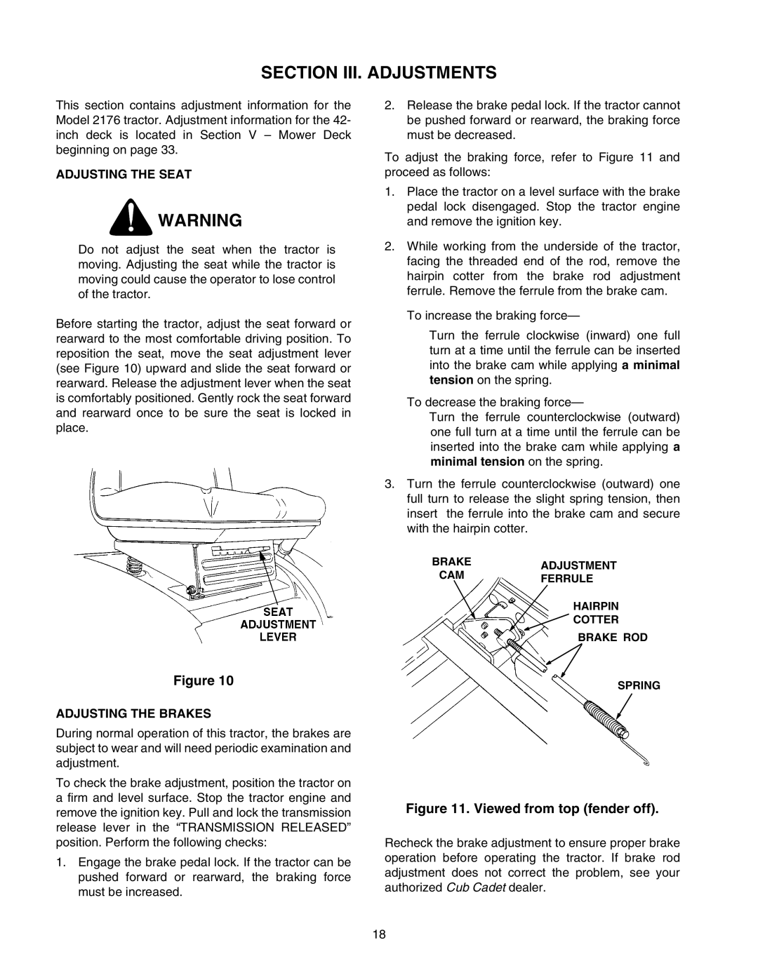 Cub Cadet 2176 manual Section III. Adjustments, Adjusting the Seat, Adjusting the Brakes 