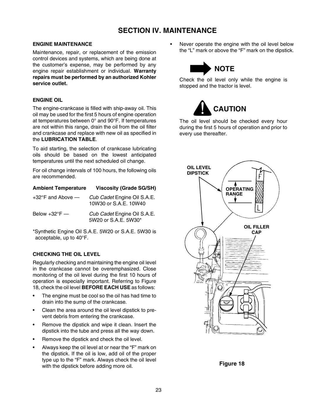 Cub Cadet 2176 manual Section IV. Maintenance, Engine Maintenance, Engine OIL, Checking the OIL Level 