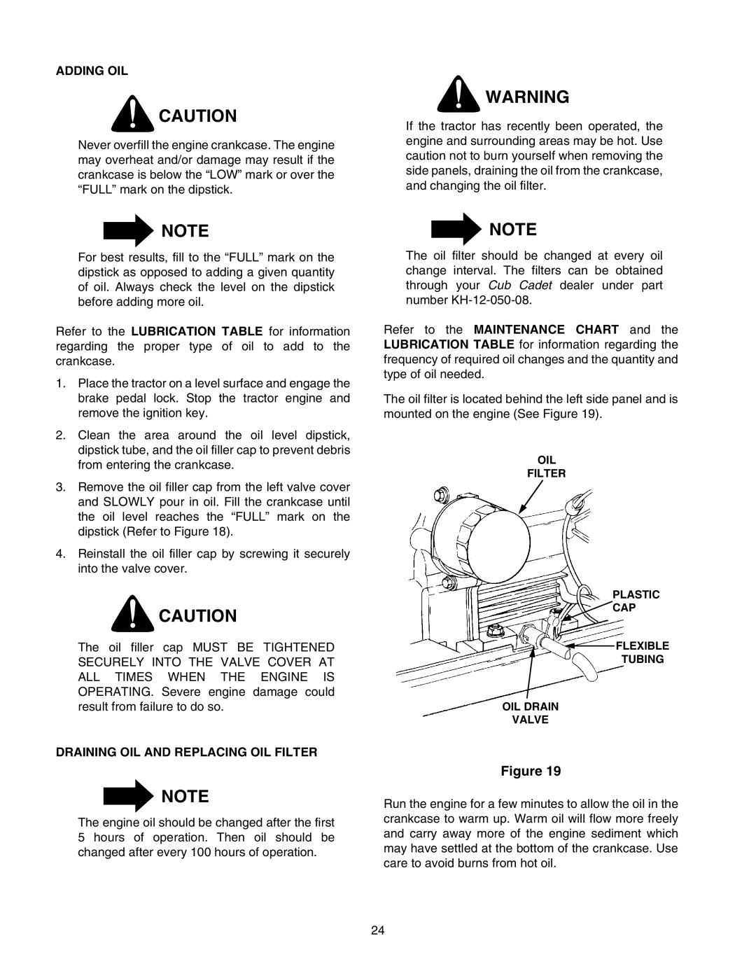 Cub Cadet 2176 manual Adding OIL, Draining OIL and Replacing OIL Filter 