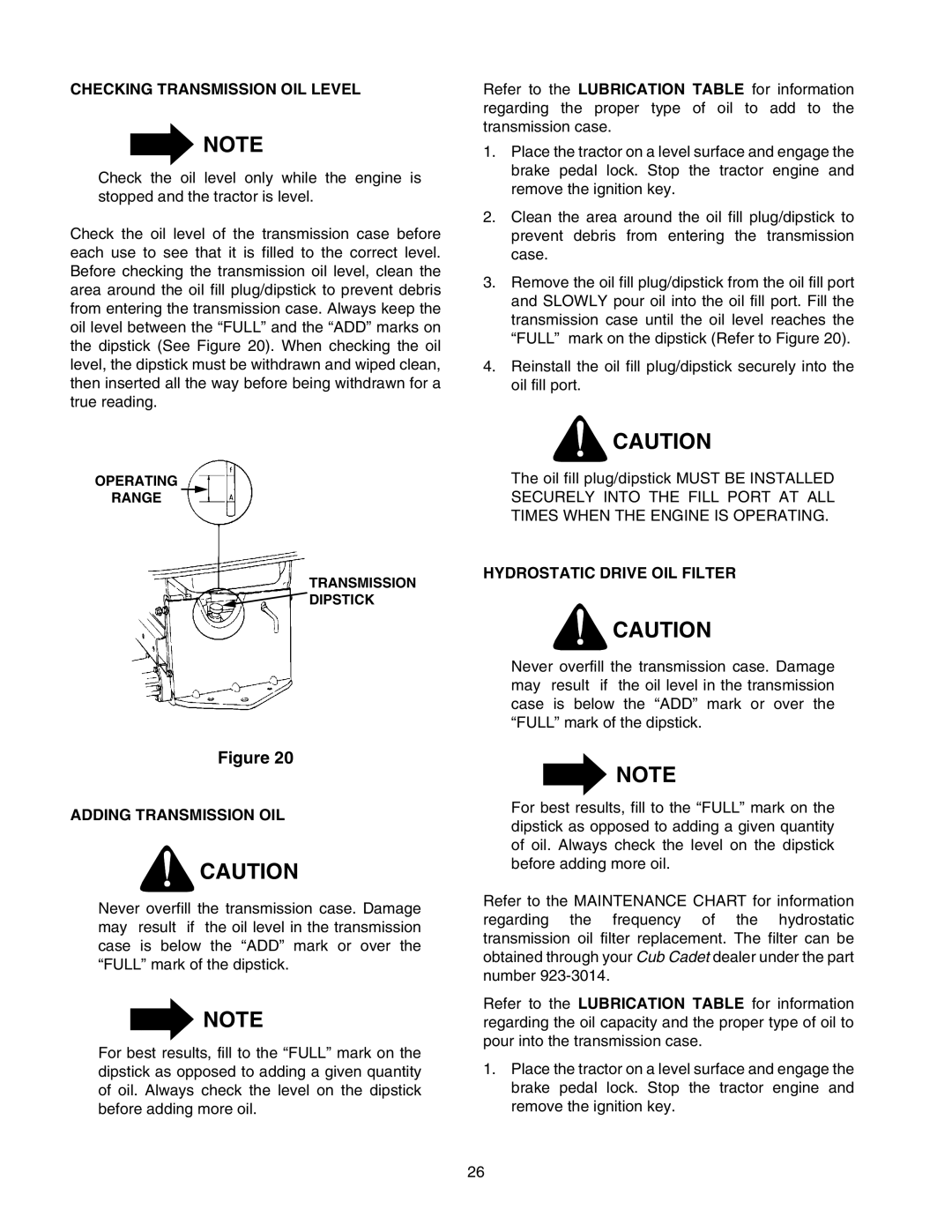 Cub Cadet 2176 manual Checking Transmission OIL Level, Adding Transmission OIL, Hydrostatic Drive OIL Filter 