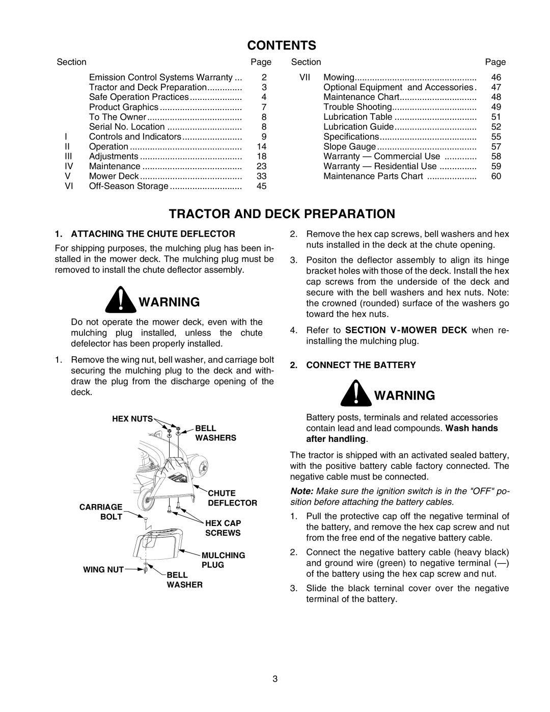 Cub Cadet 2176 manual Contents, Tractor and Deck Preparation 