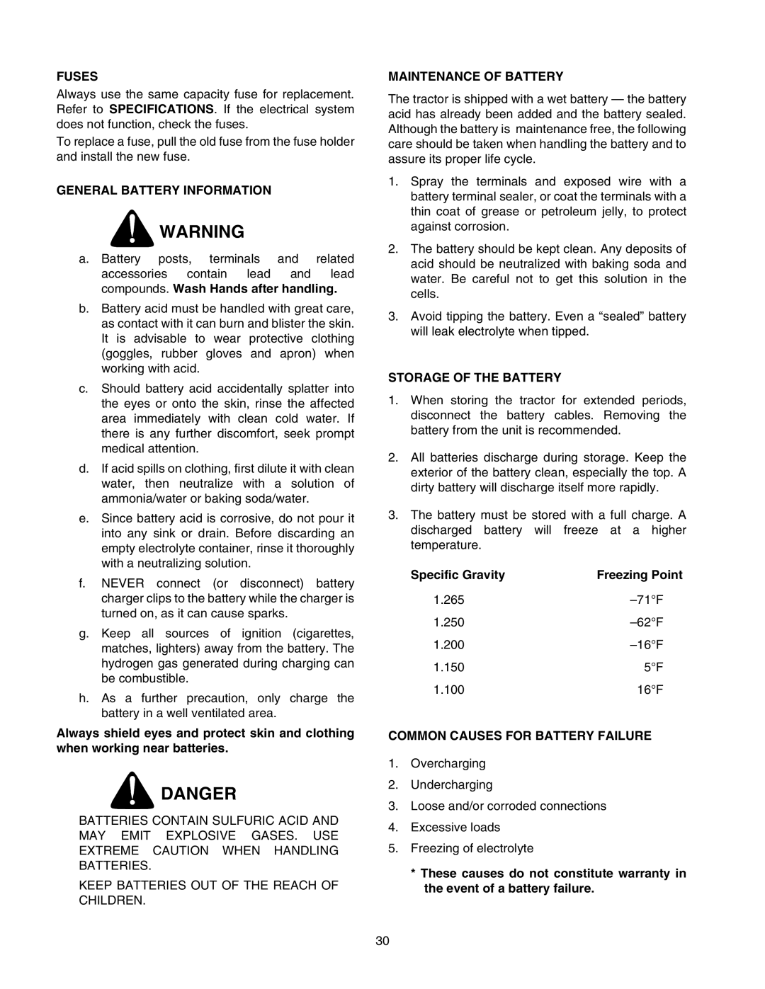 Cub Cadet 2176 manual General Battery Information, Maintenance of Battery, Storage of the Battery, Specific Gravity 