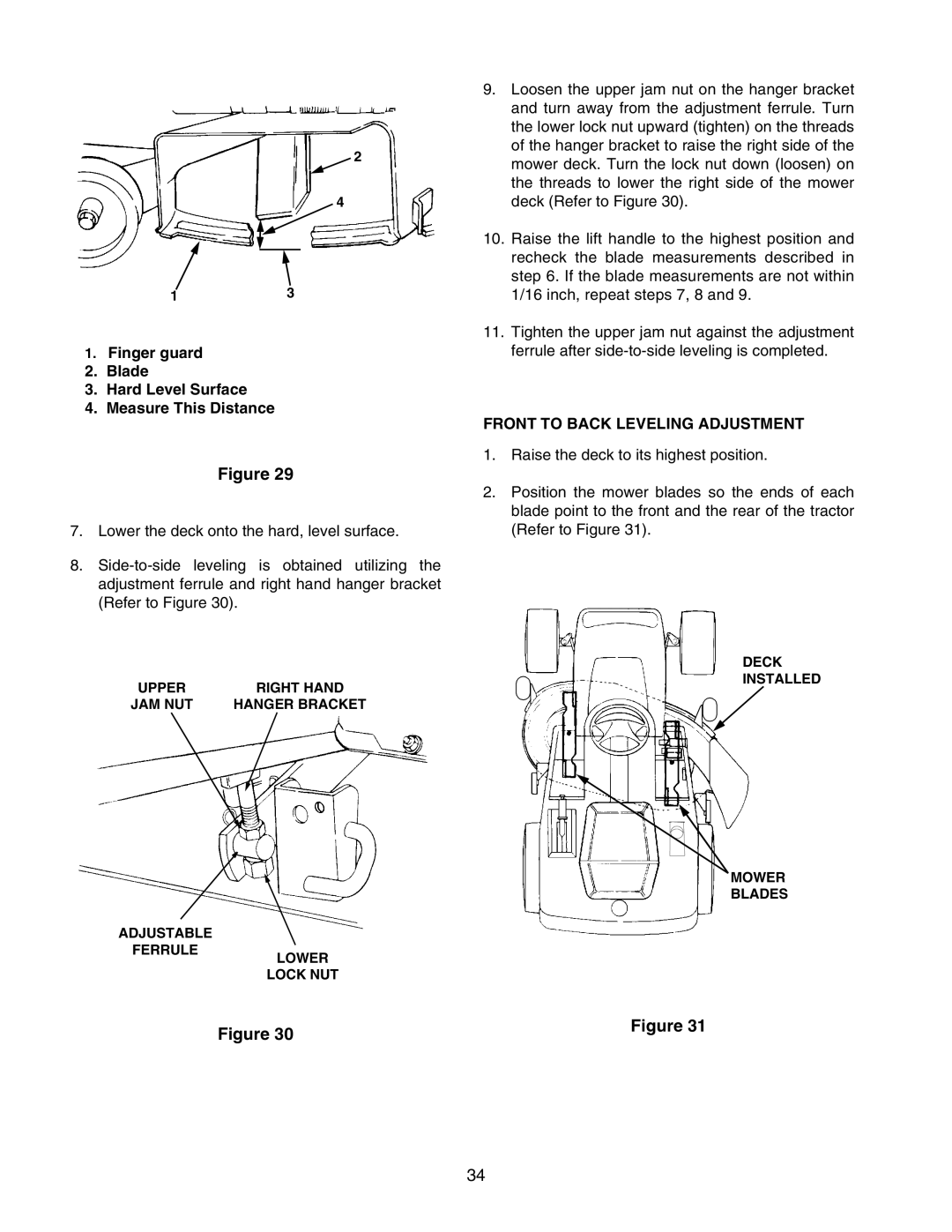 Cub Cadet 2176 manual Finger guard Blade Hard Level Surface Measure This Distance, Front to Back Leveling Adjustment 