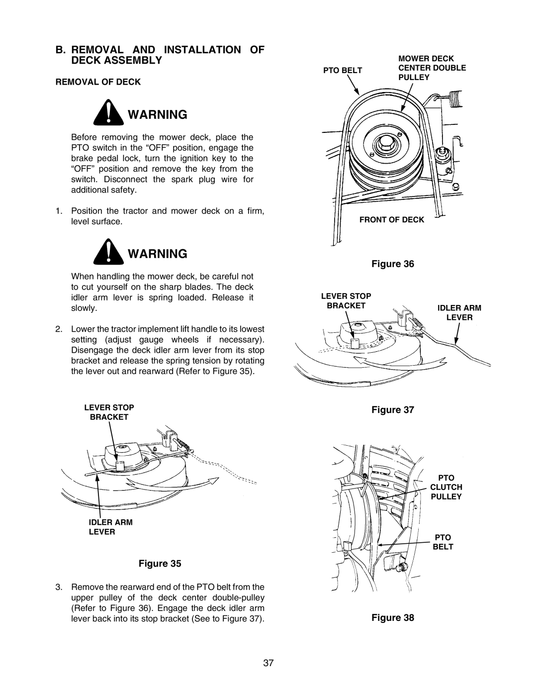 Cub Cadet 2176 manual Removal and Installation of Deck Assembly, Removal of Deck 