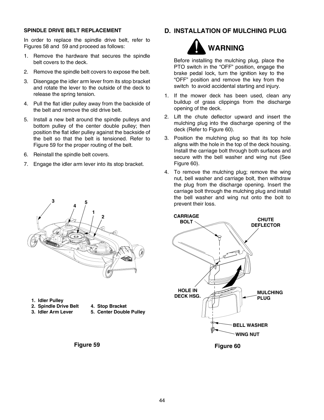 Cub Cadet 2176 manual Installation of Mulching Plug, Spindle Drive Belt Replacement 