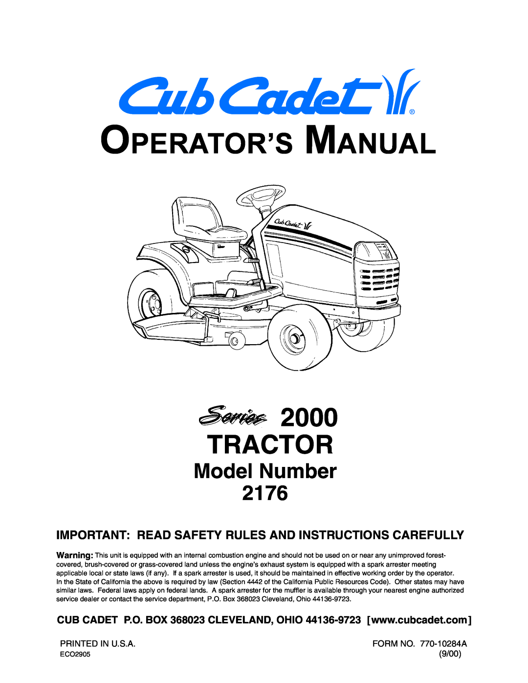 Cub Cadet 2176 manual Important Read Safety Rules And Instructions Carefully, Operator’S Manual, Tractor, Model Number 