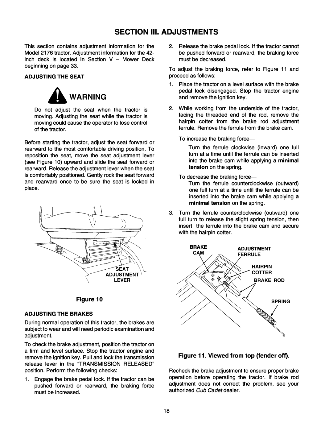 Cub Cadet 2176 manual Section Iii. Adjustments, Viewed from top fender off, Adjusting The Seat, Adjusting The Brakes 
