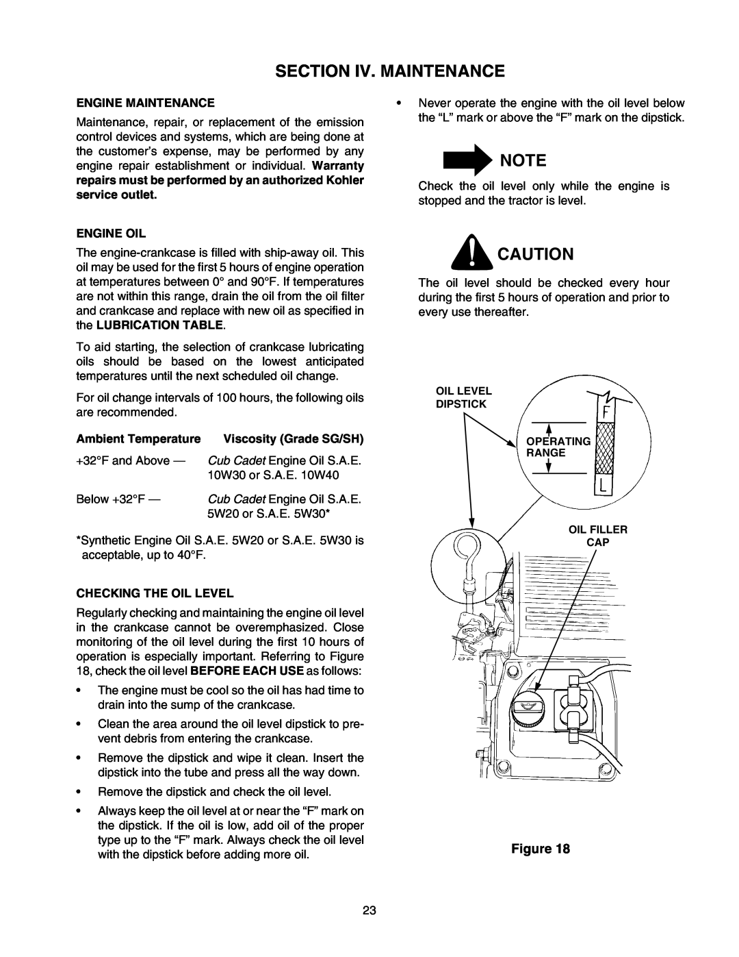 Cub Cadet 2176 Section Iv. Maintenance, Engine Maintenance, repairs must be performed by an authorized Kohler, Engine Oil 