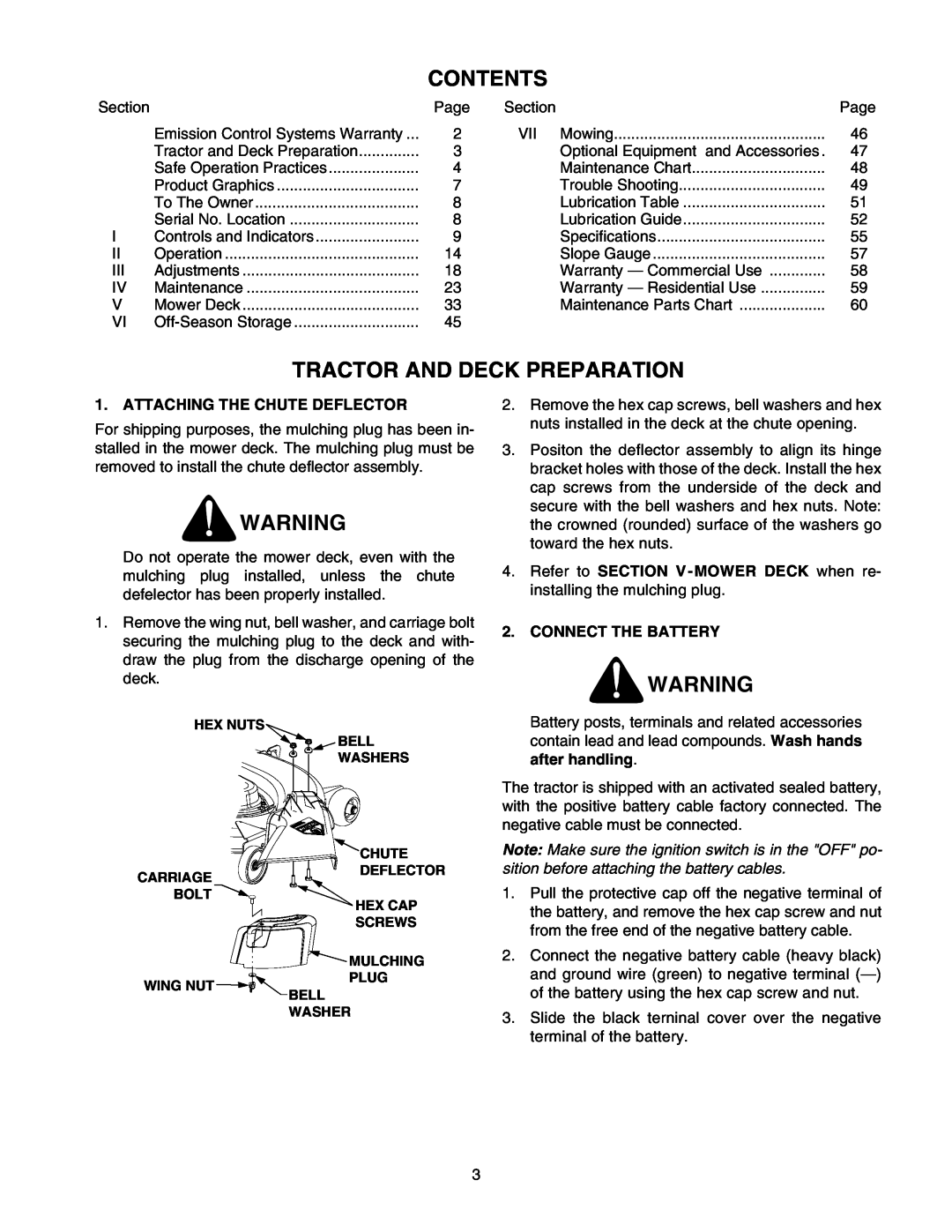 Cub Cadet 2176 manual Contents, Tractor And Deck Preparation, Attaching The Chute Deflector, Connect The Battery 