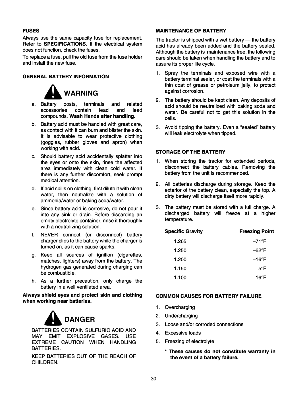 Cub Cadet 2176 manual Danger, Fuses, General Battery Information, Maintenance Of Battery, Storage Of The Battery 
