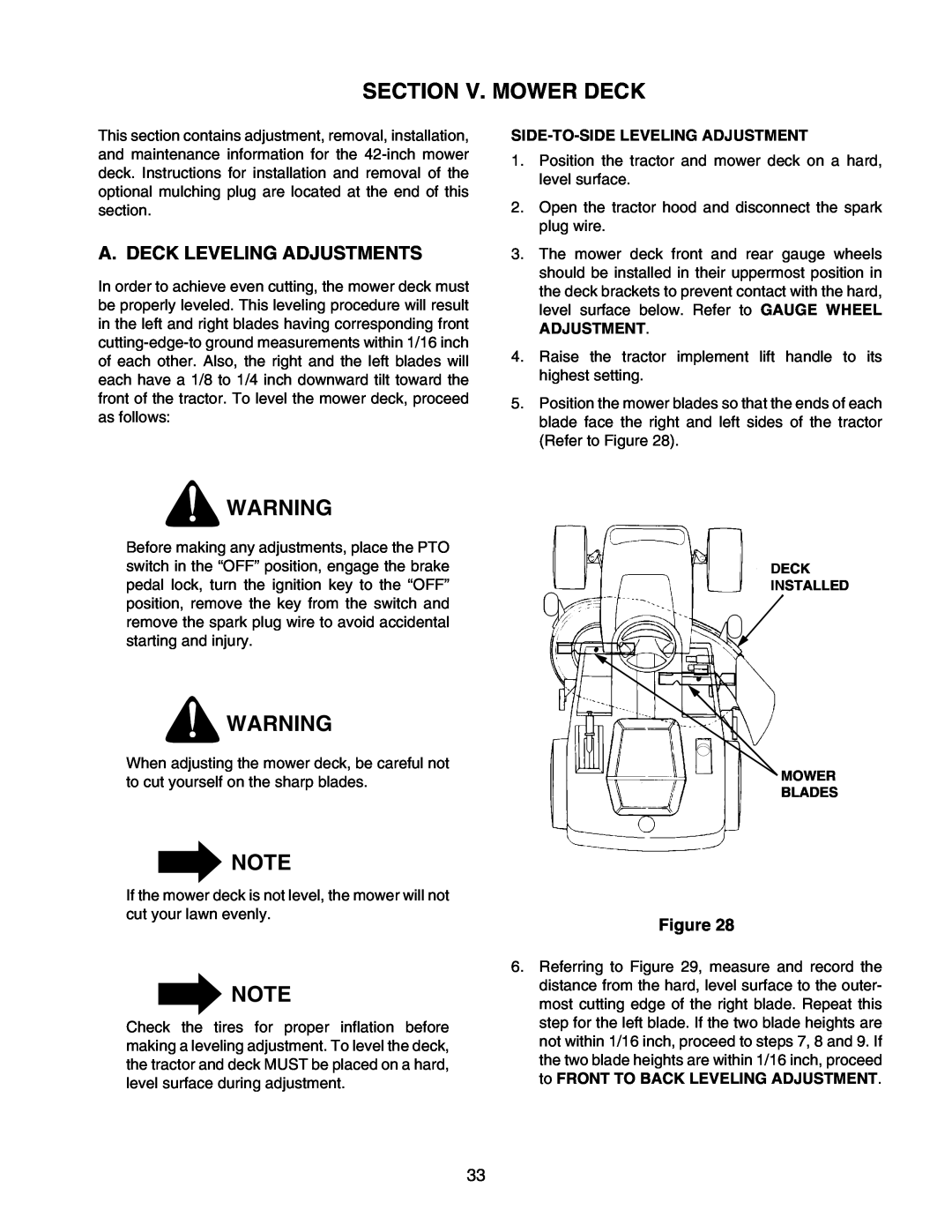 Cub Cadet 2176 manual Section V. Mower Deck, A. Deck Leveling Adjustments, Side-To-Side Leveling Adjustment 