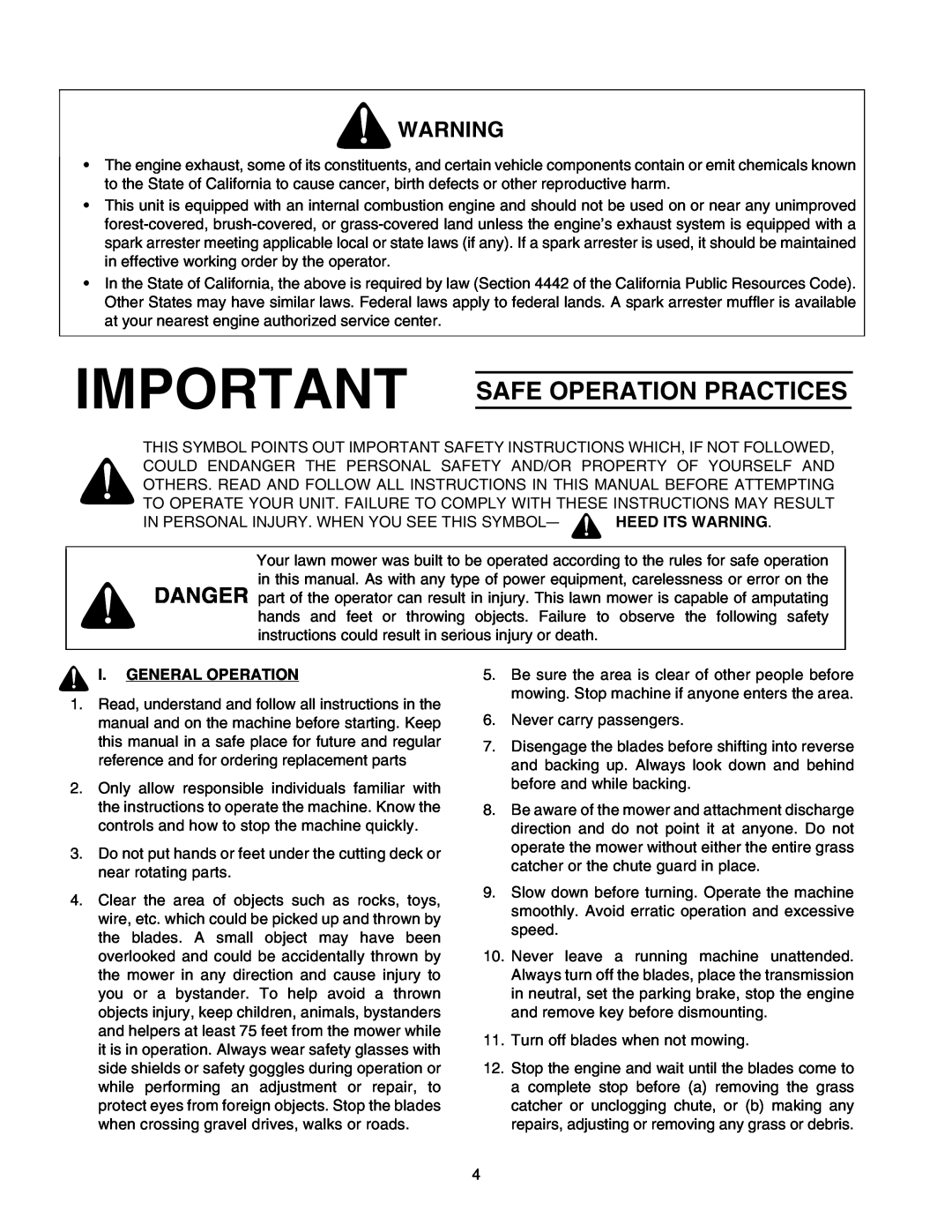 Cub Cadet 2176 manual Safe Operation Practices, I. General Operation 