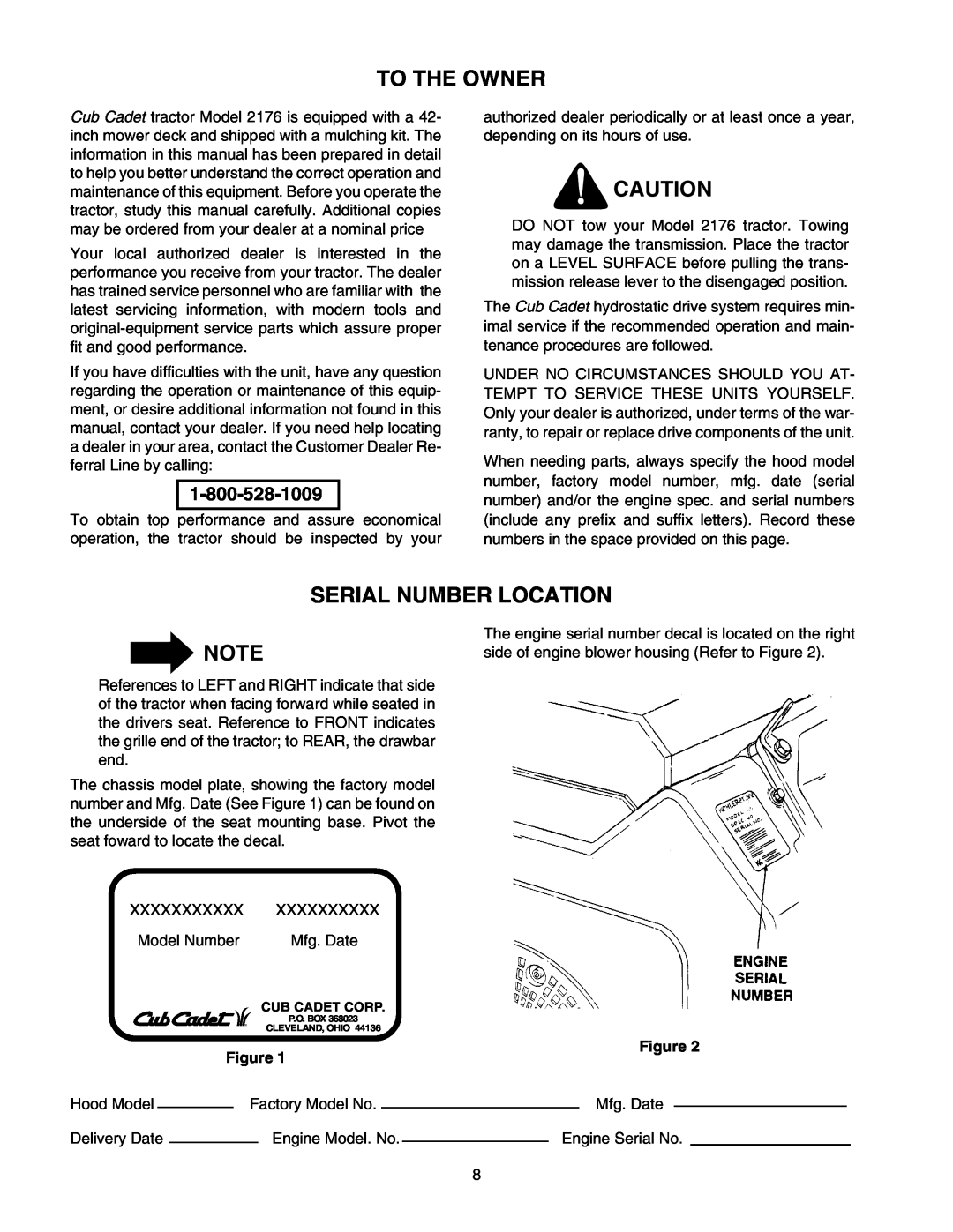 Cub Cadet 2176 manual To The Owner, Serial Number Location, Cub Cadet Corp 
