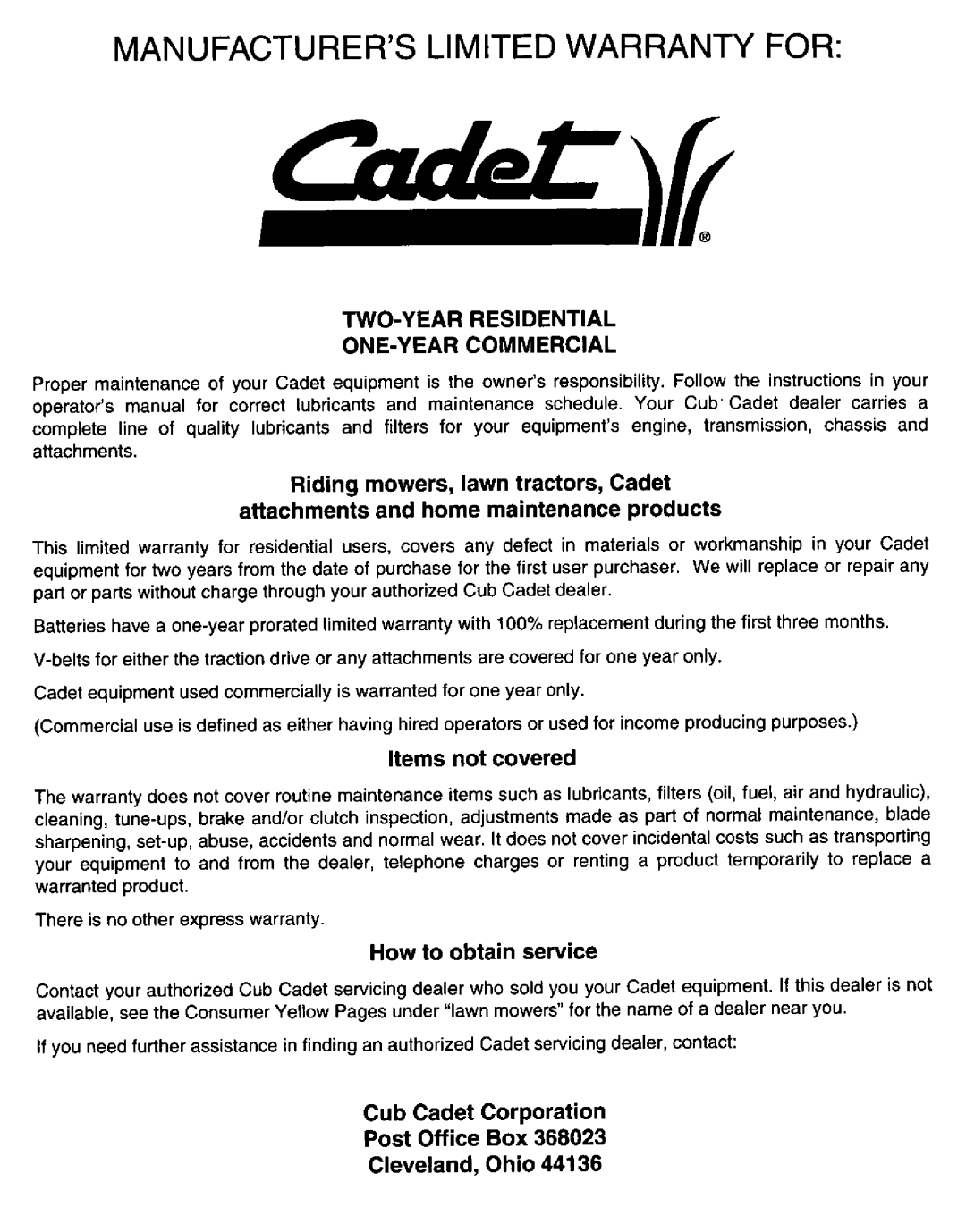 Cub Cadet 21A-458B101 manual 